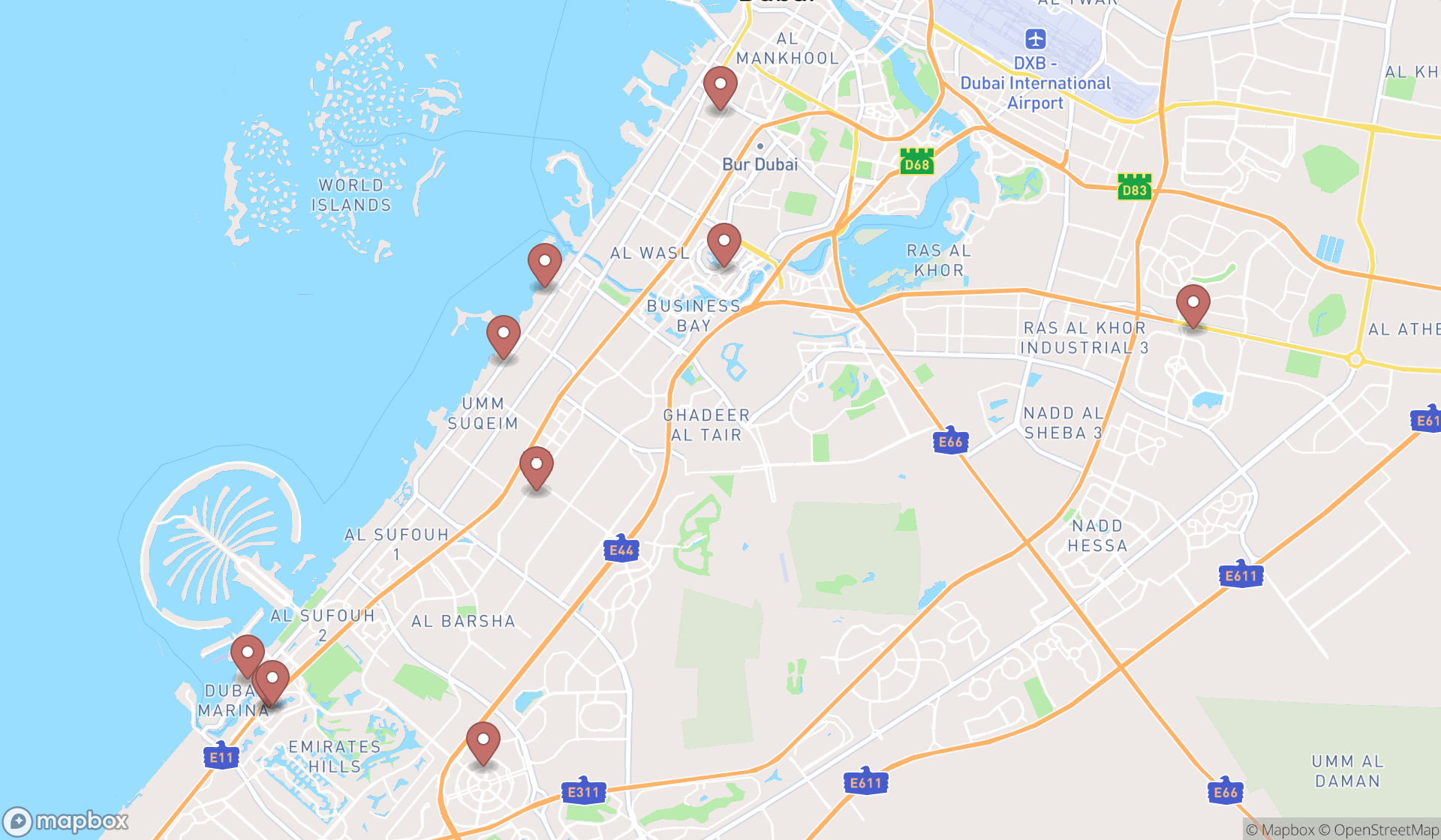 Map showing the ranked scooter rental services in Dubai, Dubai