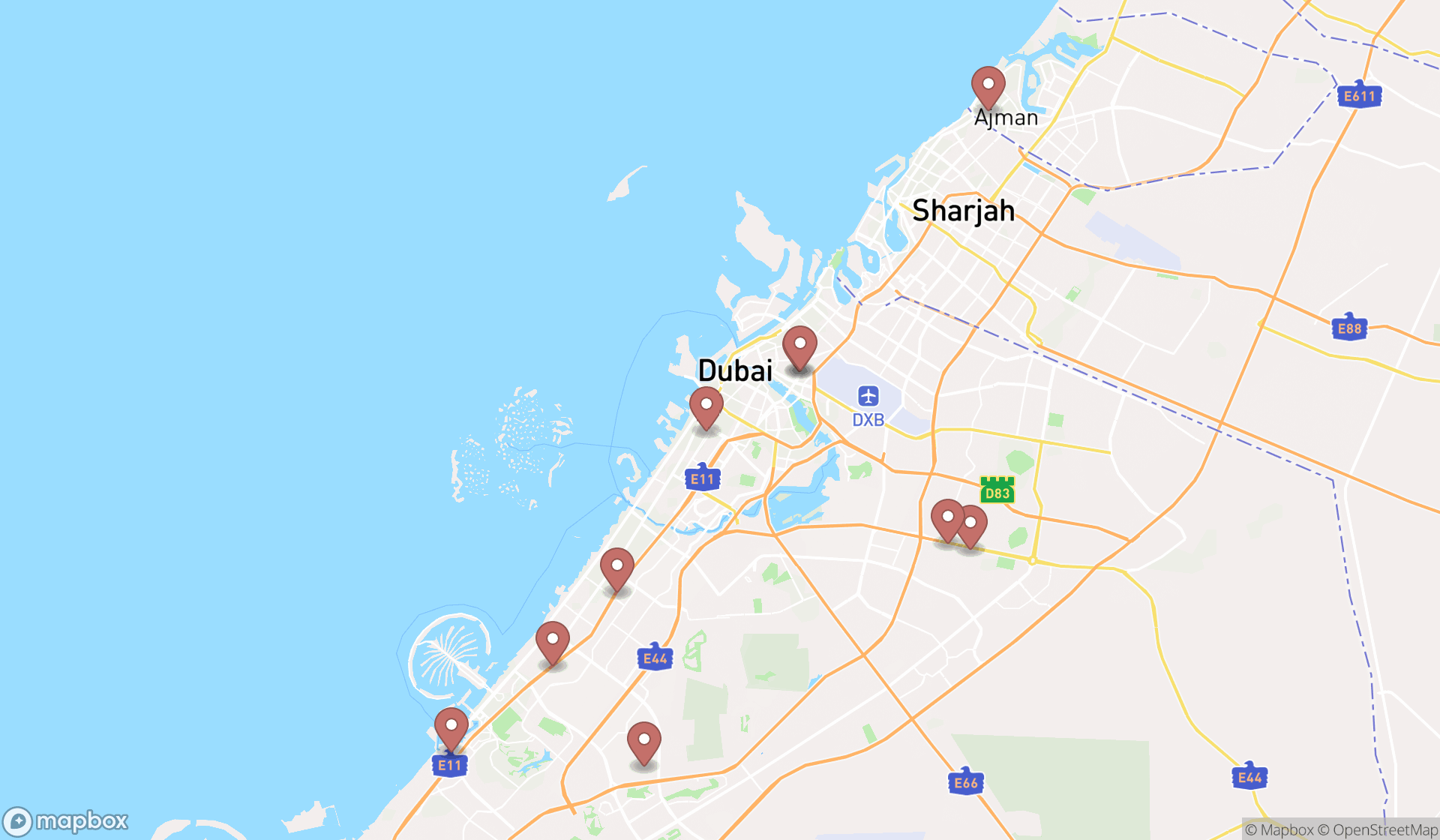 Map showing the ranked scooter repair shops in Dubai, Dubai