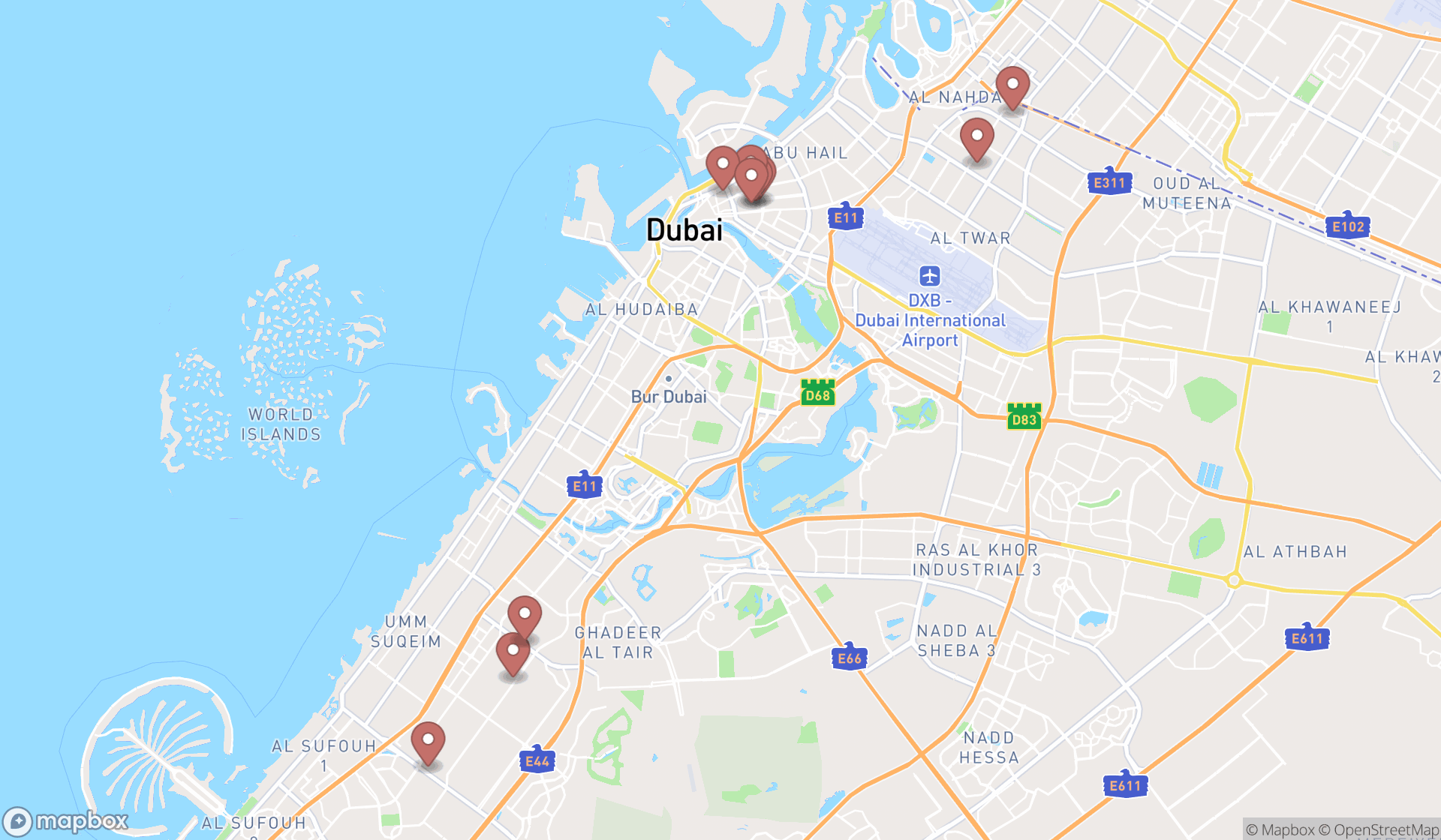 Map showing the ranked screen printing shops in Dubai, Dubai