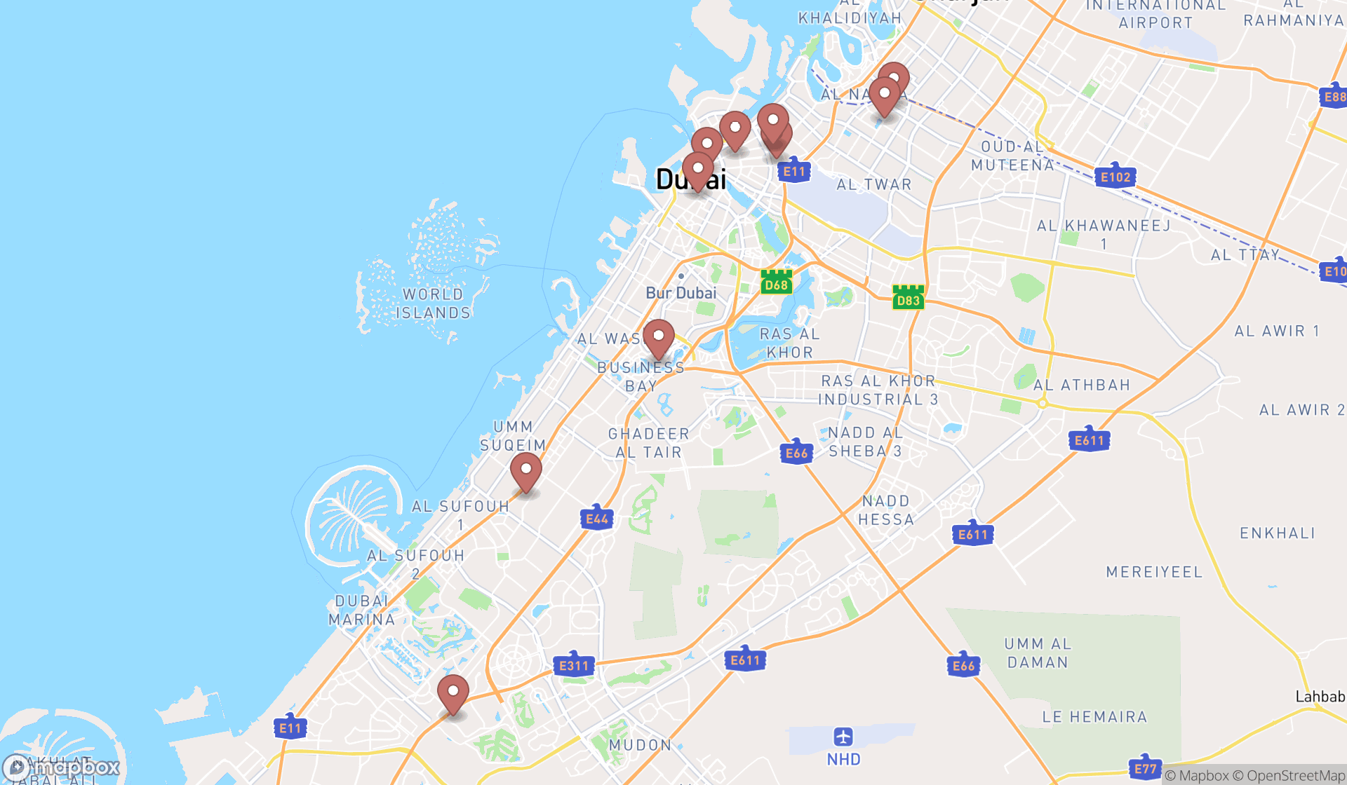 Map showing the ranked screen printing supply stores in Dubai, Dubai