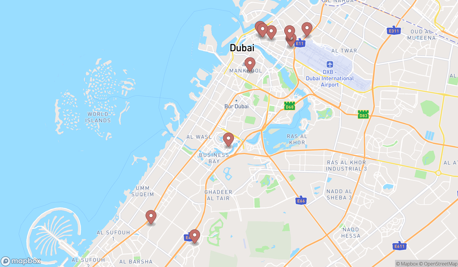 Map showing the ranked screen stores in Dubai, Dubai
