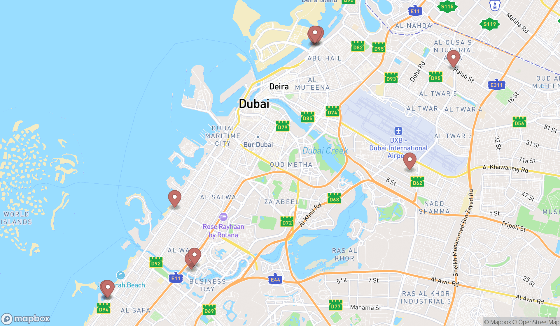 Map showing the ranked seafood markets in Dubai, Dubai