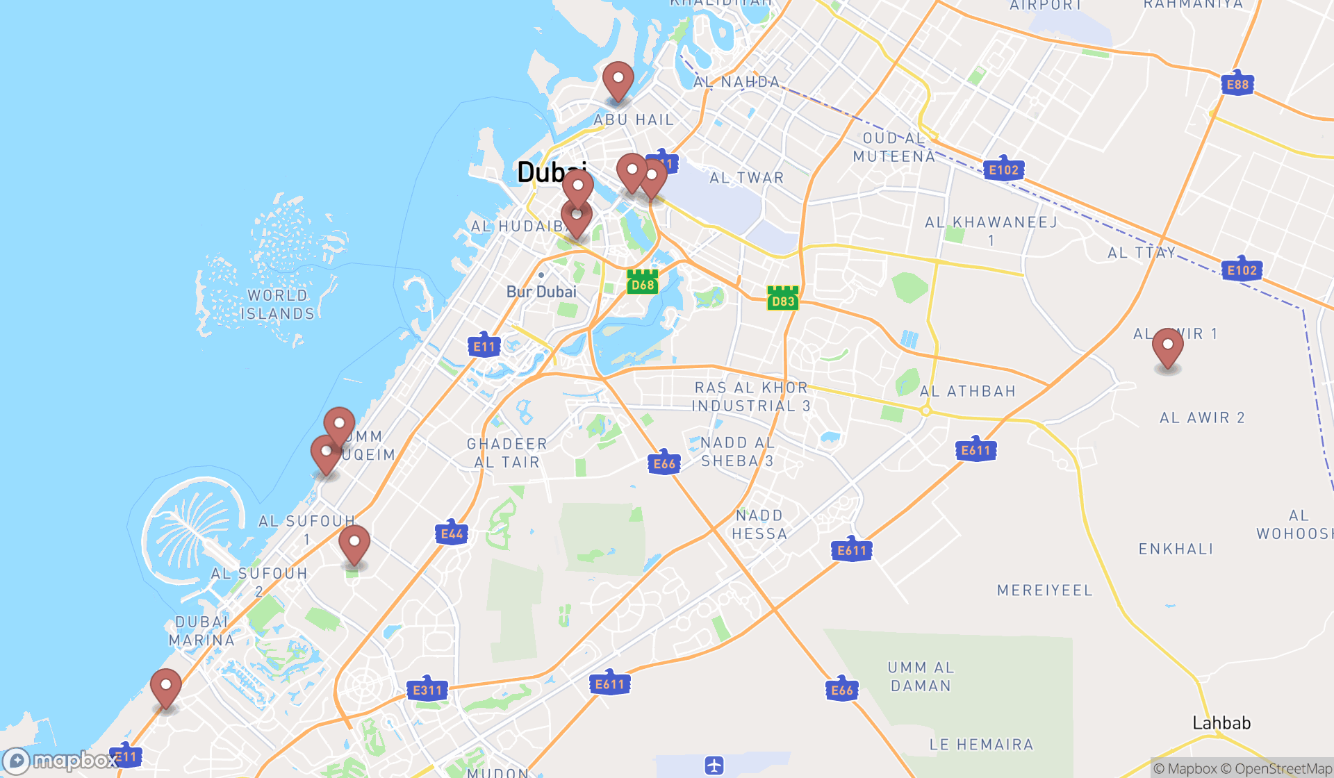 Map showing the ranked seafood restaurants in Dubai, Dubai