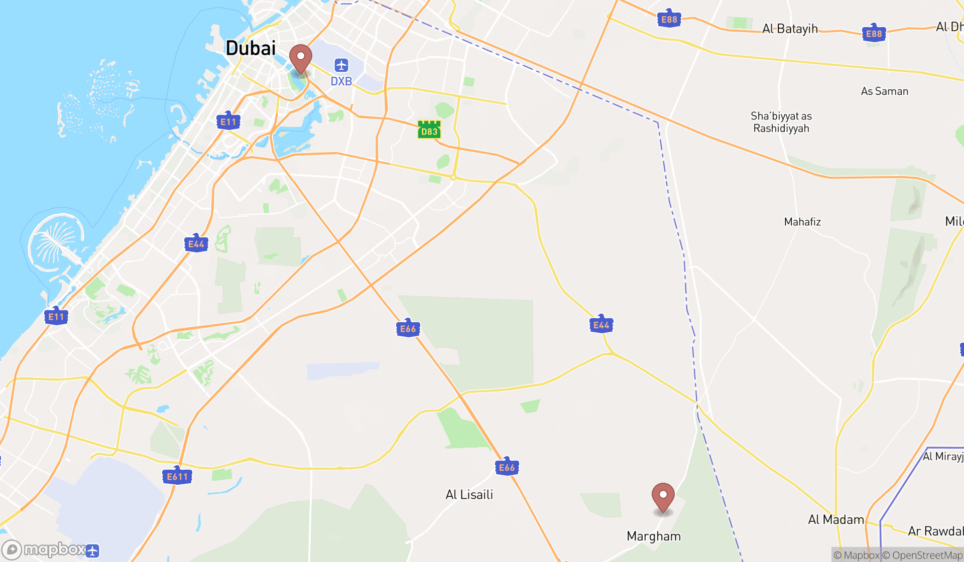Map showing the ranked seaplane bases in Dubai, Dubai