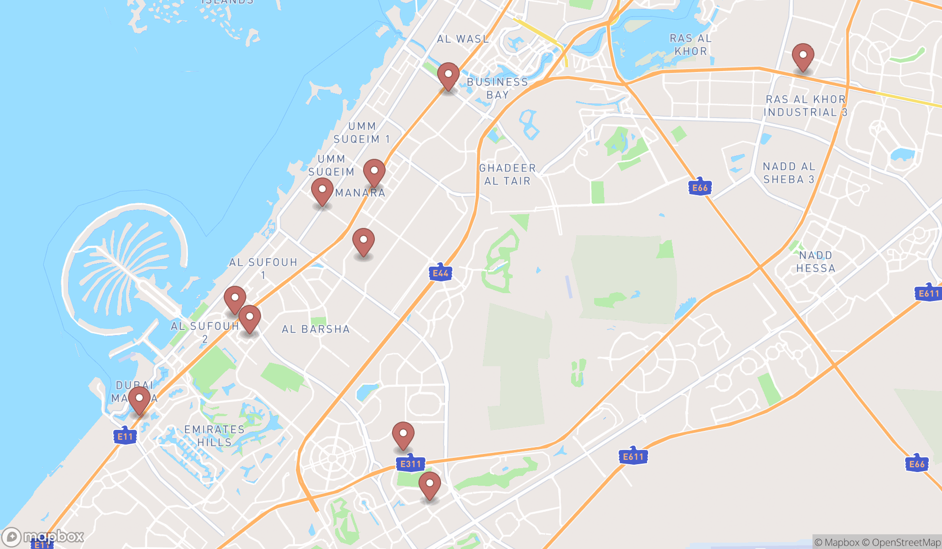 Map showing the ranked self defense schools in Dubai, Dubai