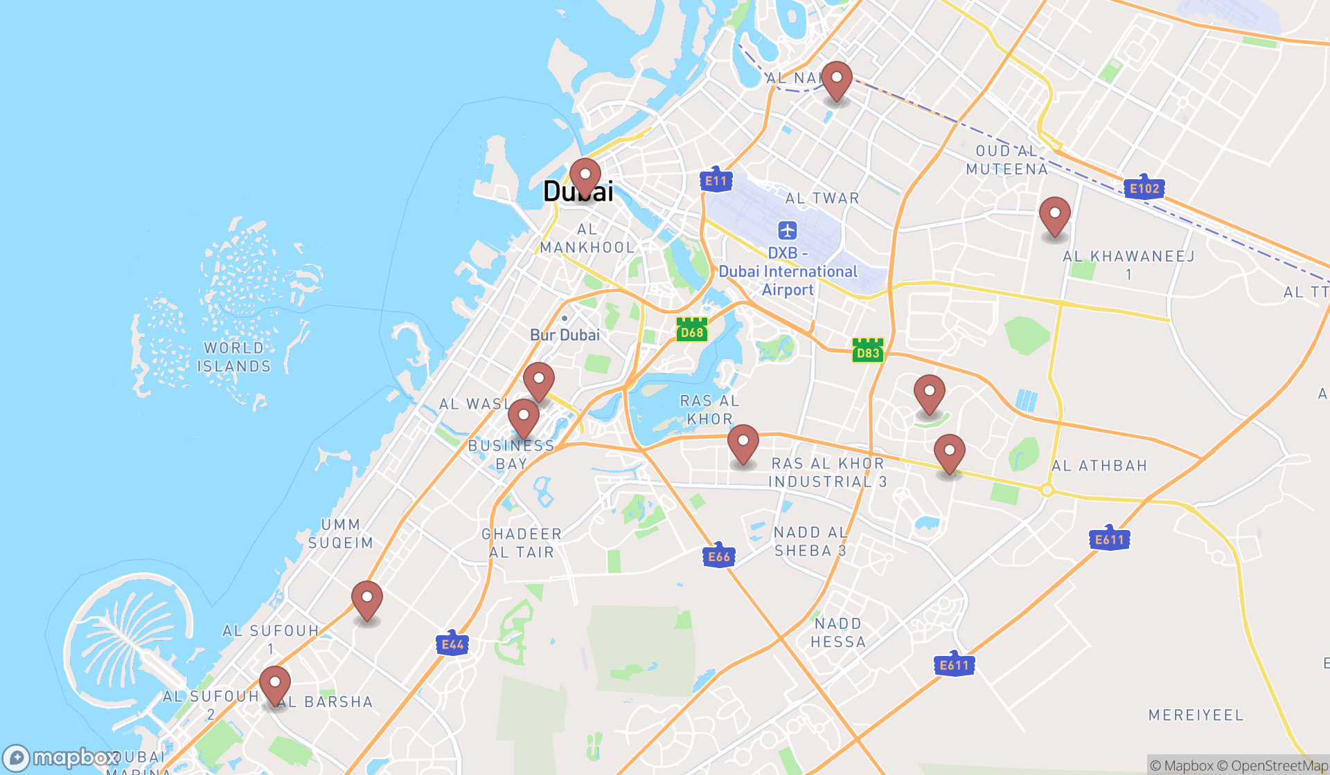Map showing the ranked self service car washes in Dubai, Dubai