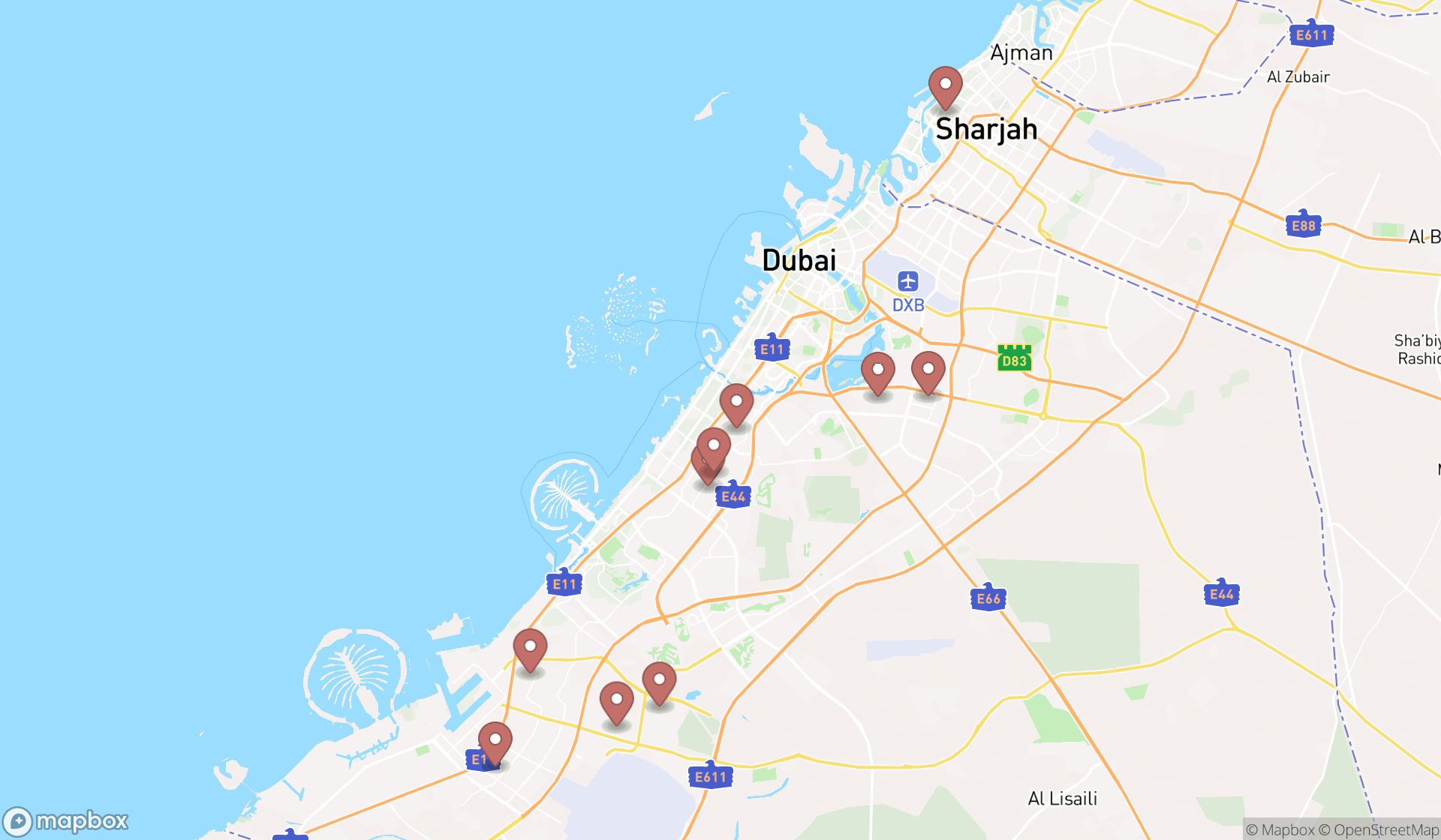 Map showing the ranked self-catering accommodations in Dubai, Dubai