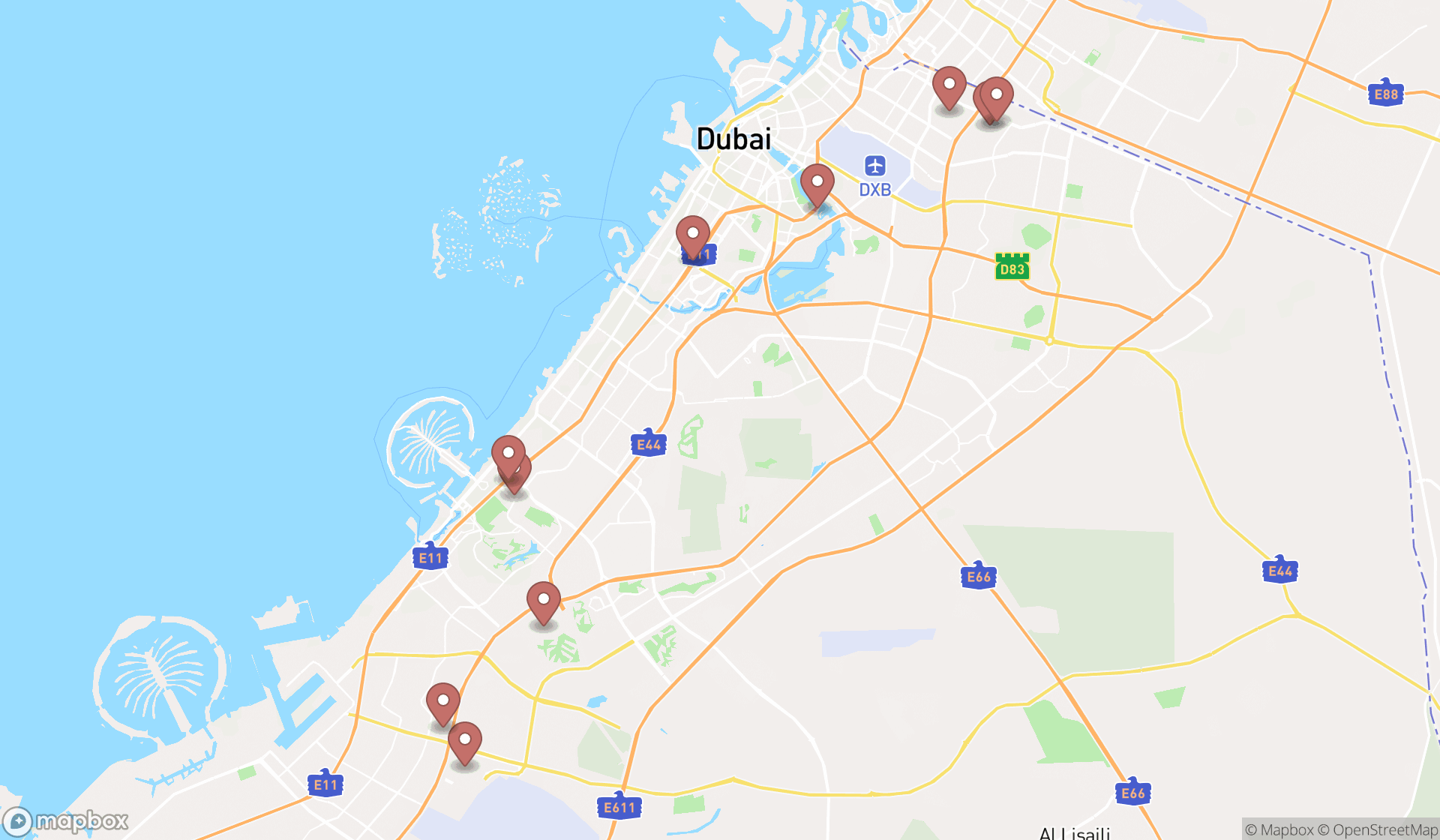 Map showing the ranked serviced accommodations in Dubai, Dubai