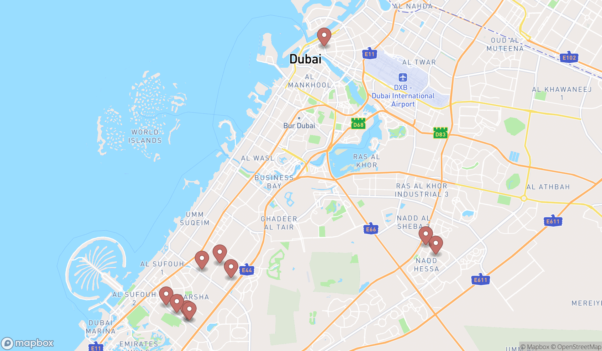 Map showing the ranked shared-use commercial kitchens in Dubai, Dubai