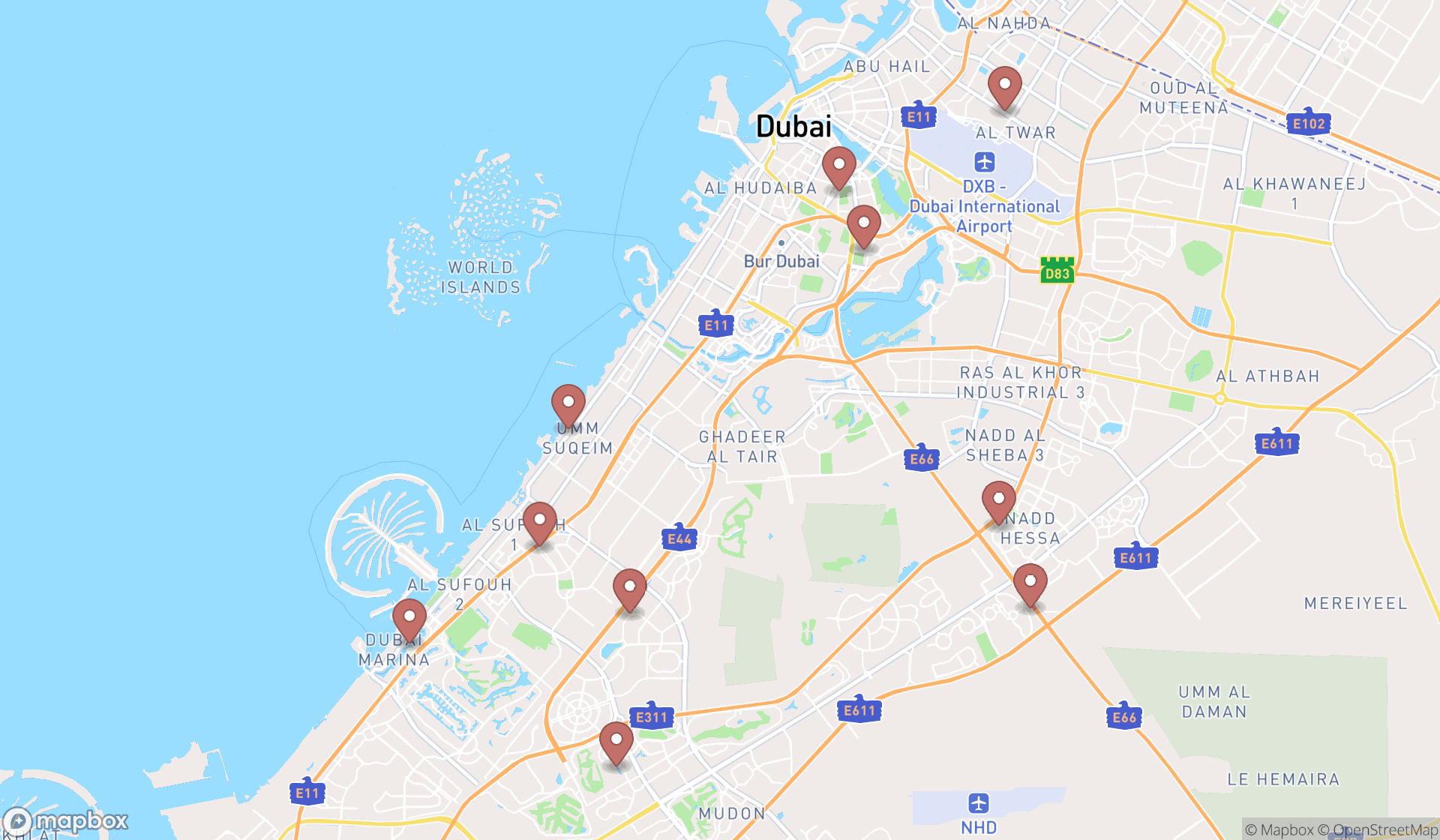 Map showing the ranked shawarma restaurants in Dubai, Dubai