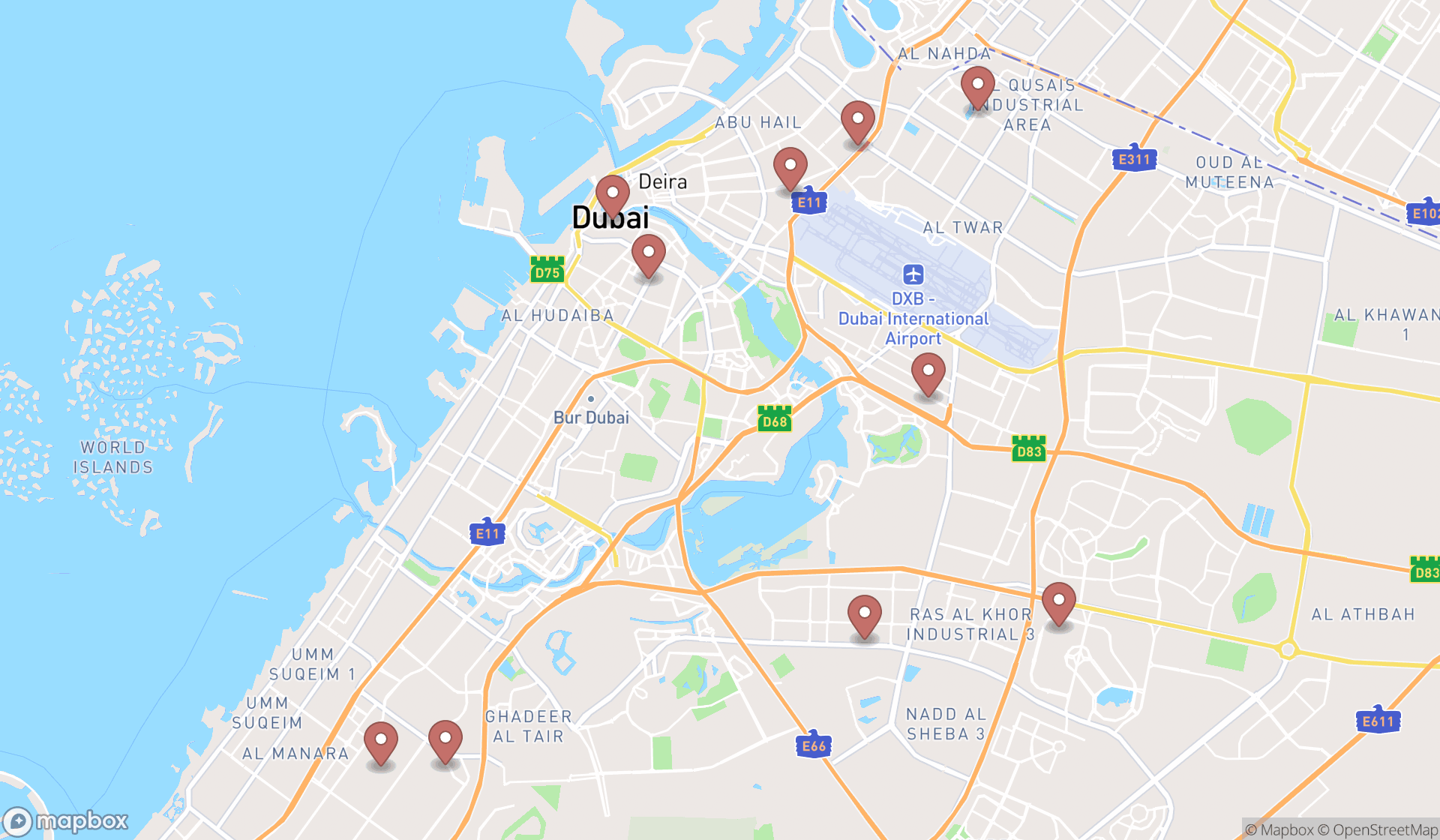 Map showing the ranked shipping and mailing services in Dubai, Dubai