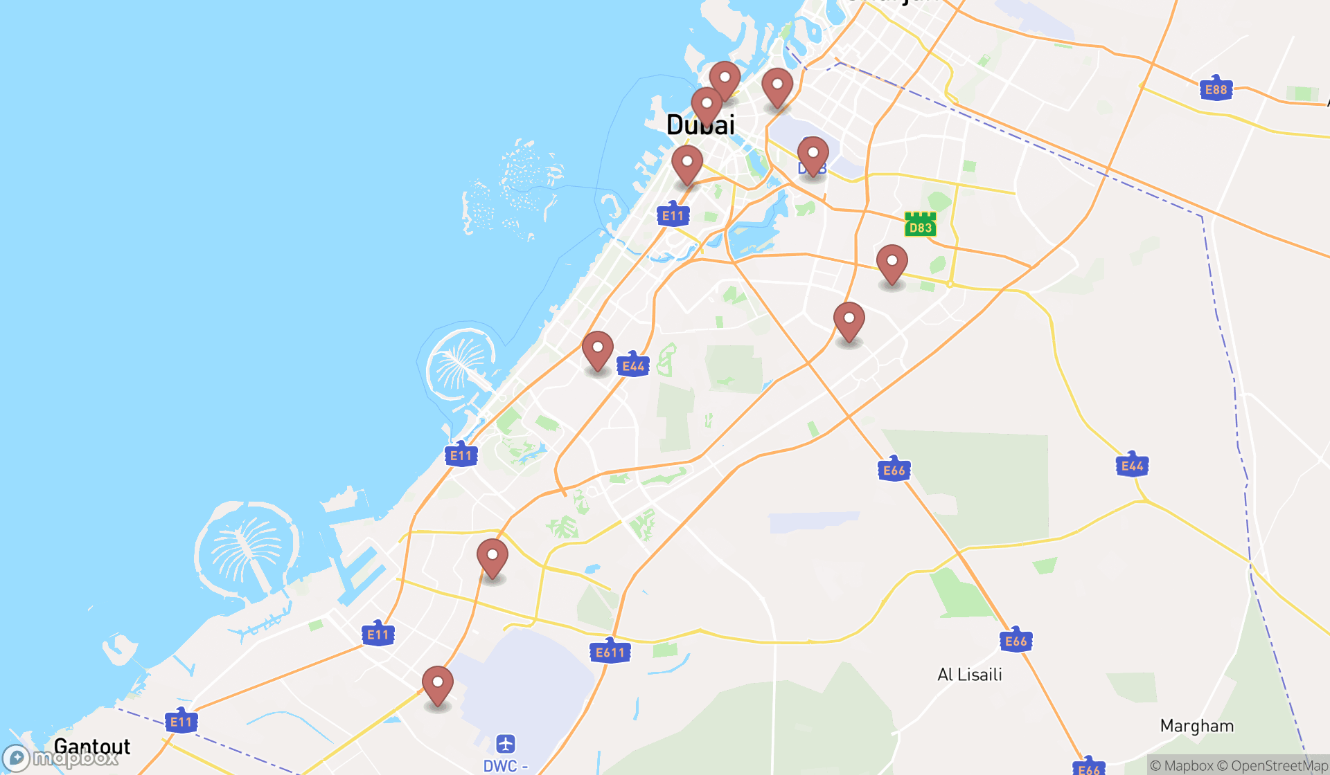Map showing the ranked shipping companies in Dubai, Dubai