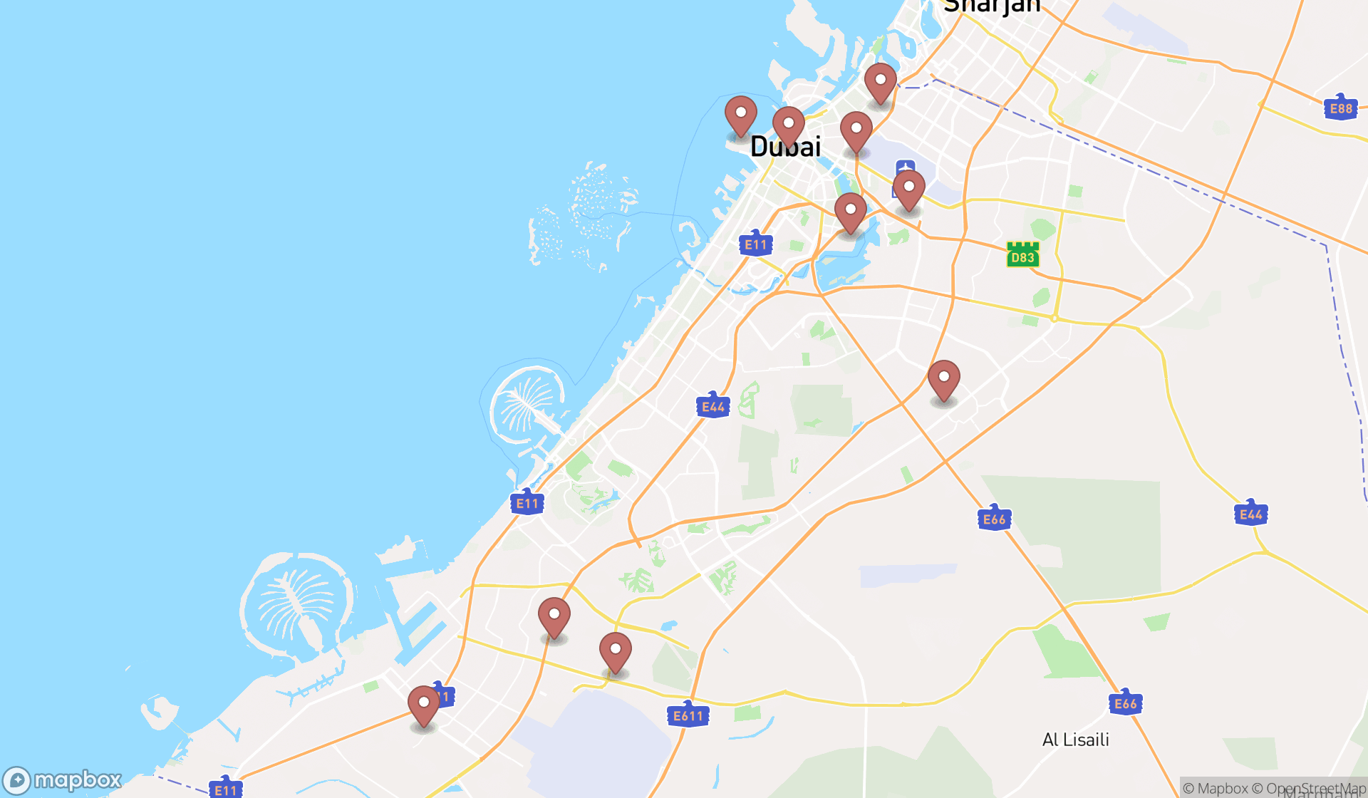 Map showing the ranked shipping equipment industries in Dubai, Dubai