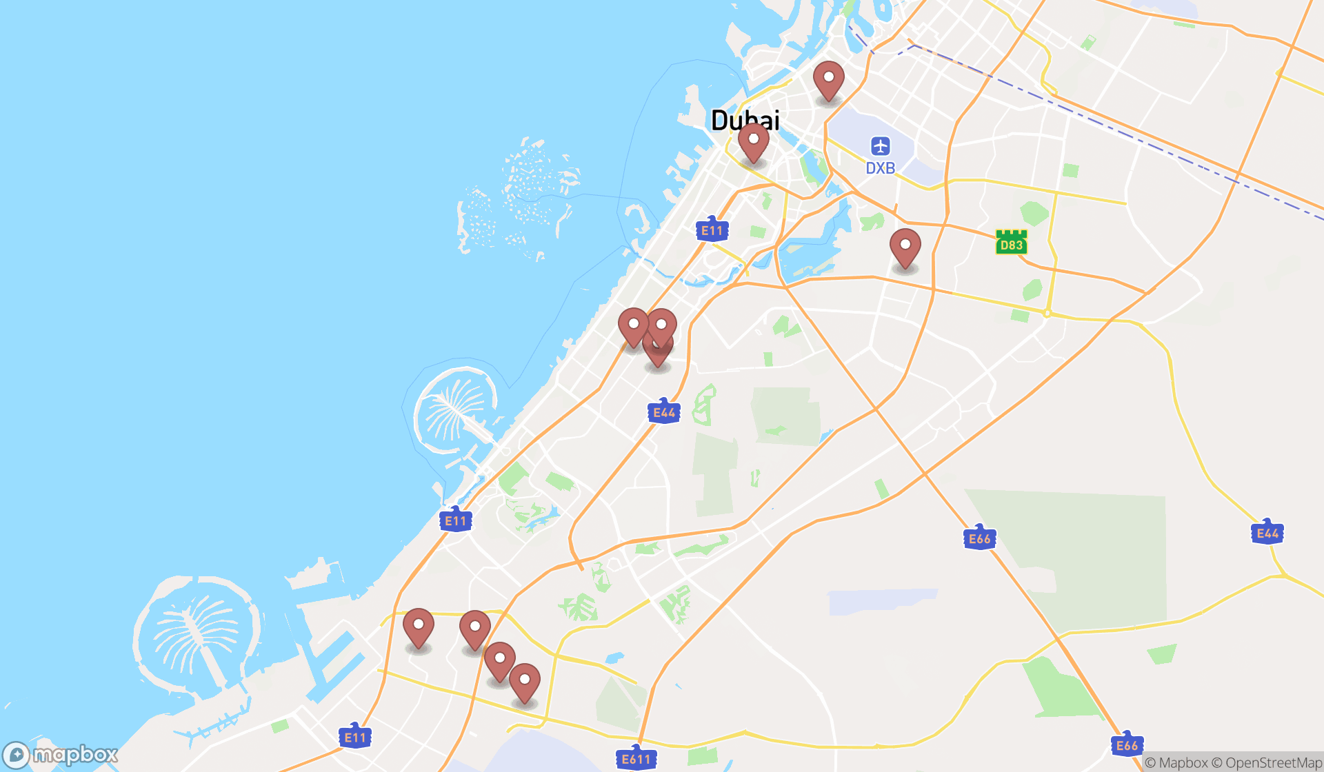 Map showing the ranked shipping services in Dubai, Dubai