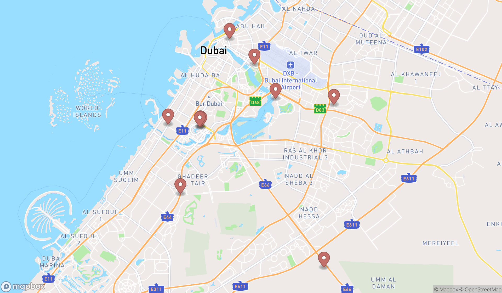 Map showing the ranked shoe stores in Dubai, Dubai