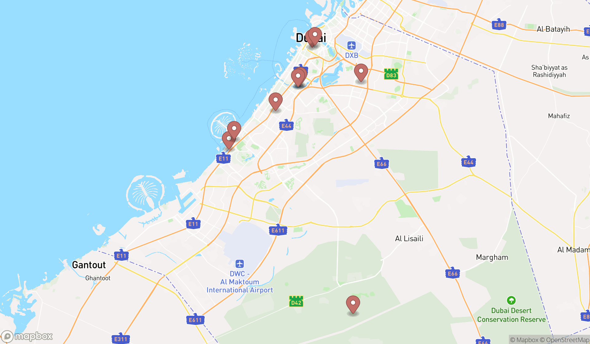 Map showing the ranked shooting event areas in Dubai, Dubai
