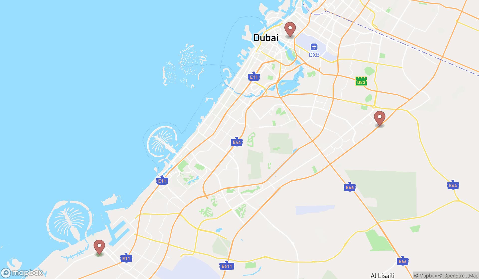 Map showing the ranked shooting ranges in Dubai, Dubai
