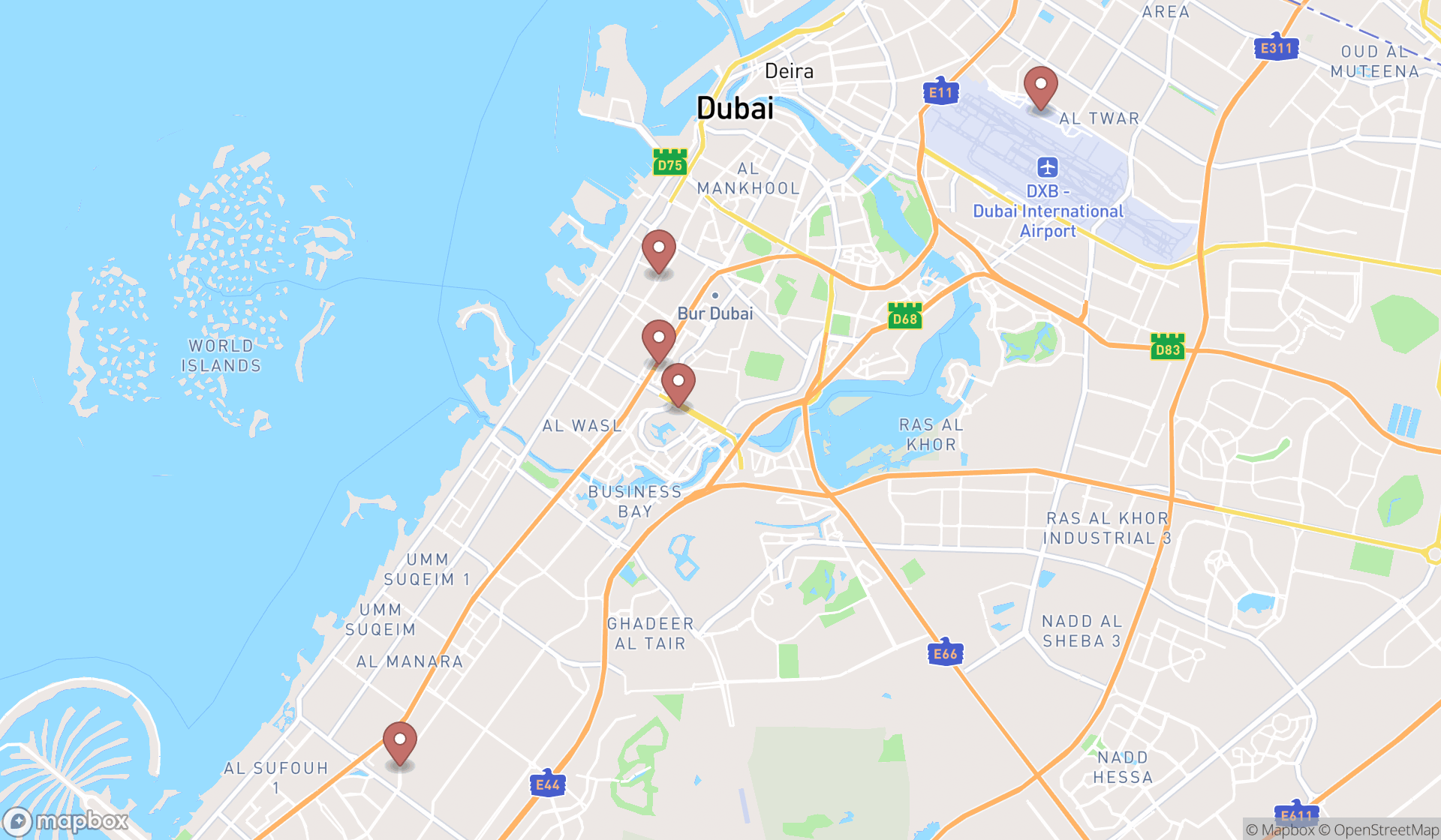 Map showing the ranked shops in Dubai, Dubai