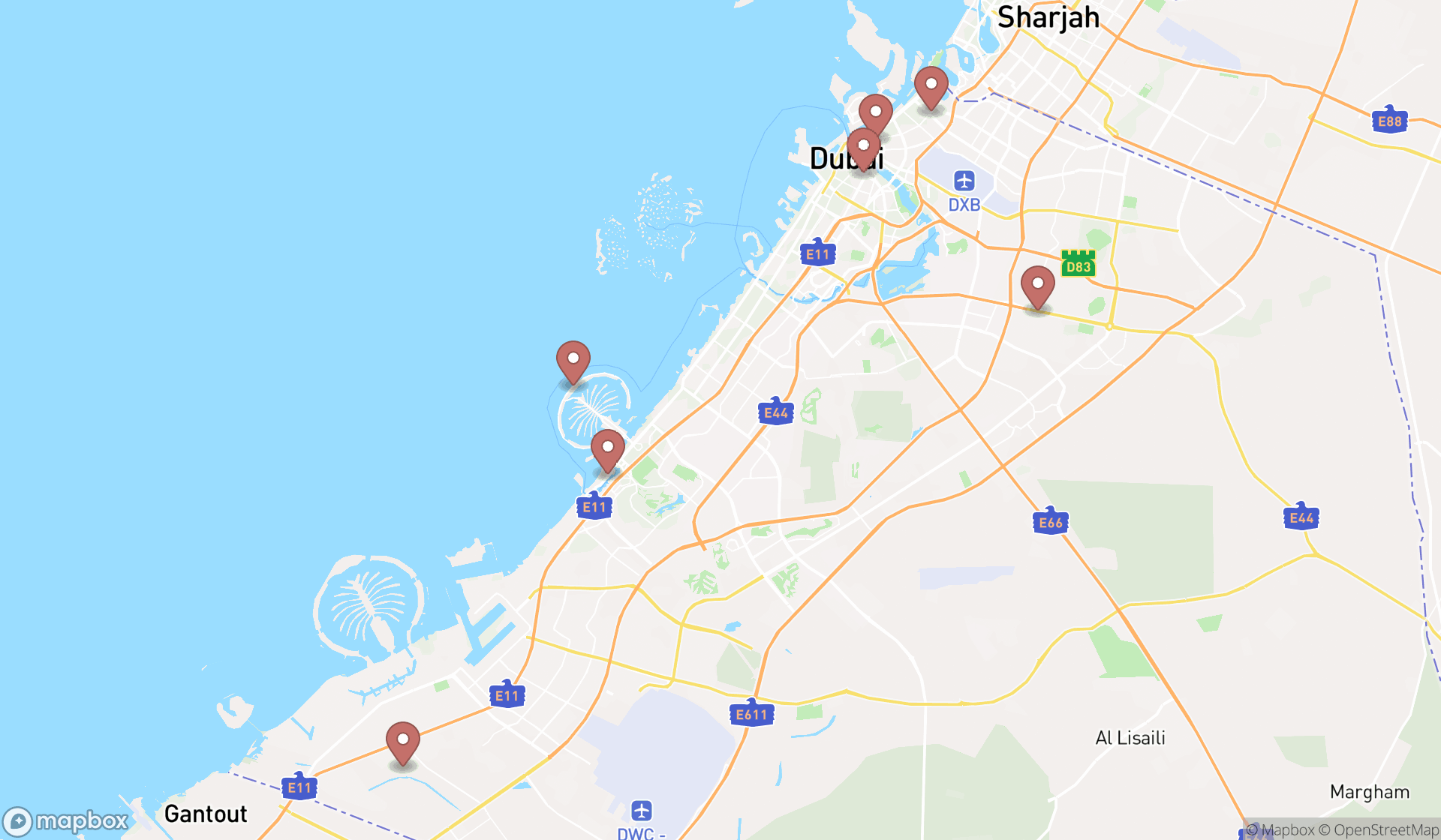 Map showing the ranked shopping centres in Dubai, Dubai