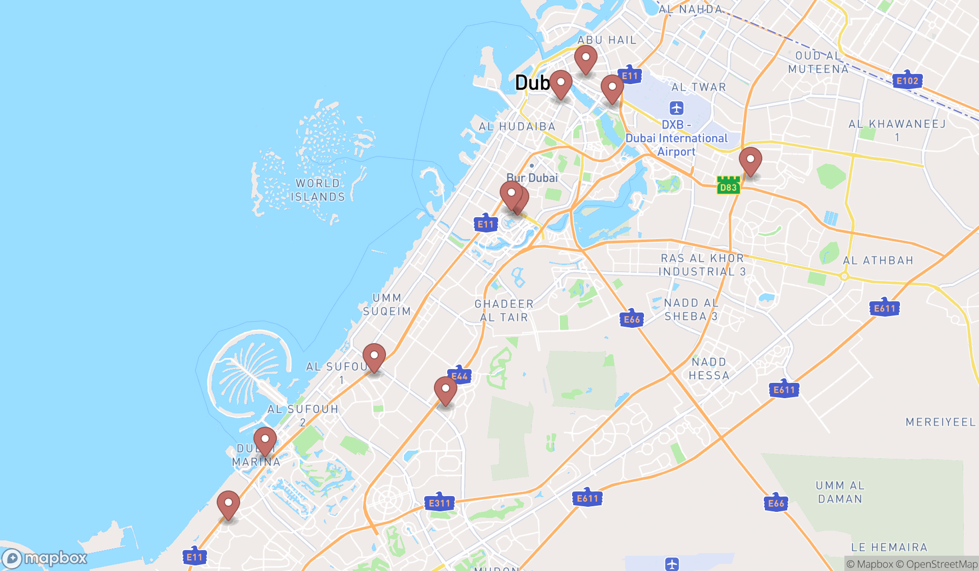 Map showing the ranked shopping malls in Dubai, Dubai