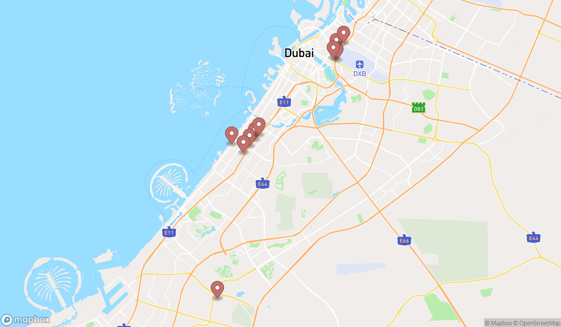Map showing the ranked showrooms in Dubai, Dubai