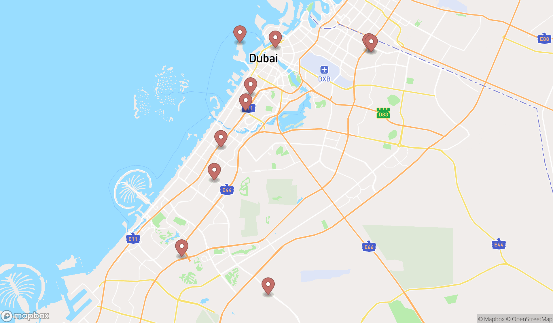 Map showing the ranked shrines in Dubai, Dubai