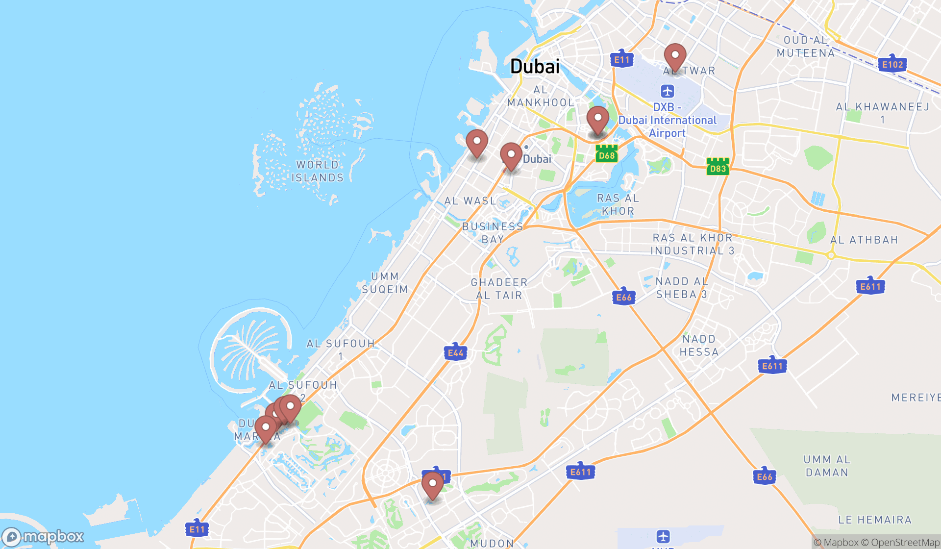 Map showing the ranked singaporean restaurants in Dubai, Dubai