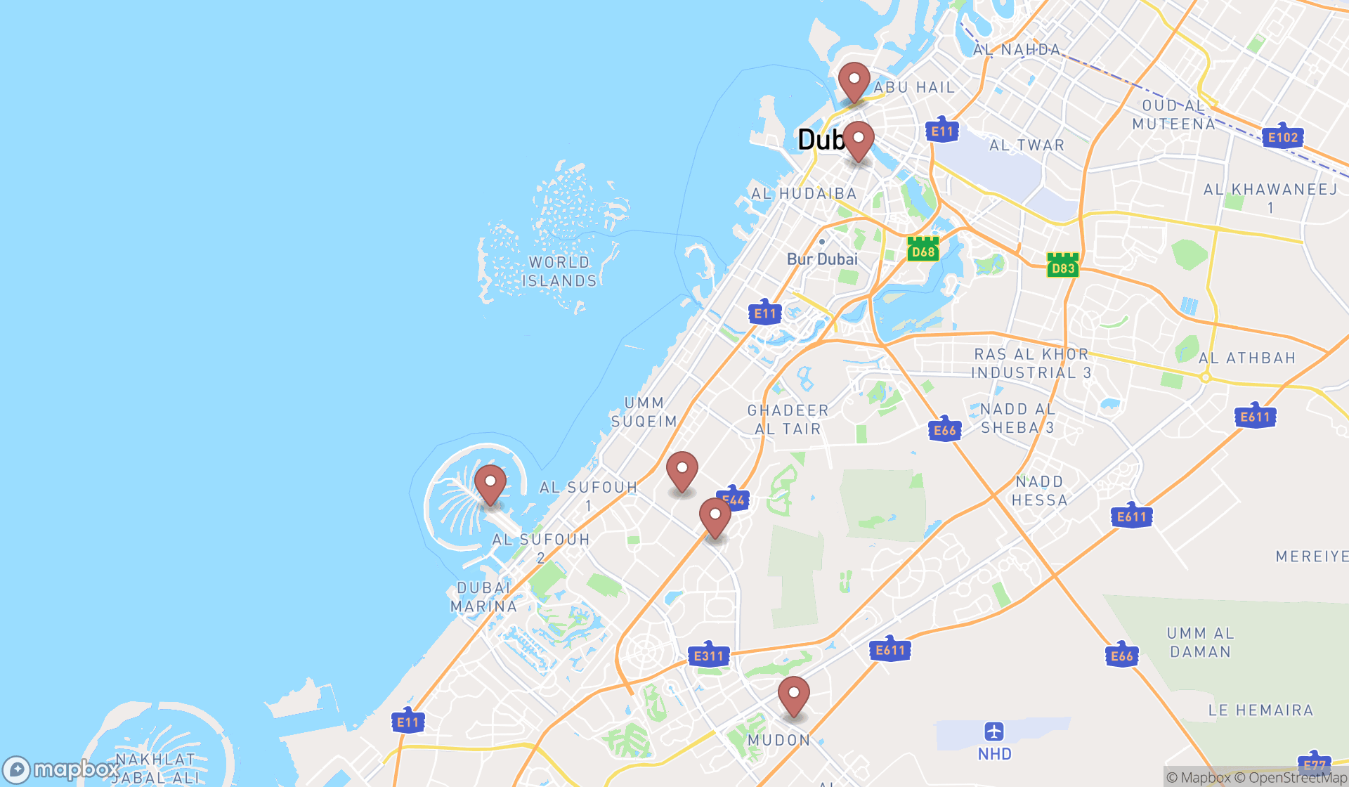 Map showing the ranked skateboard shops in Dubai, Dubai
