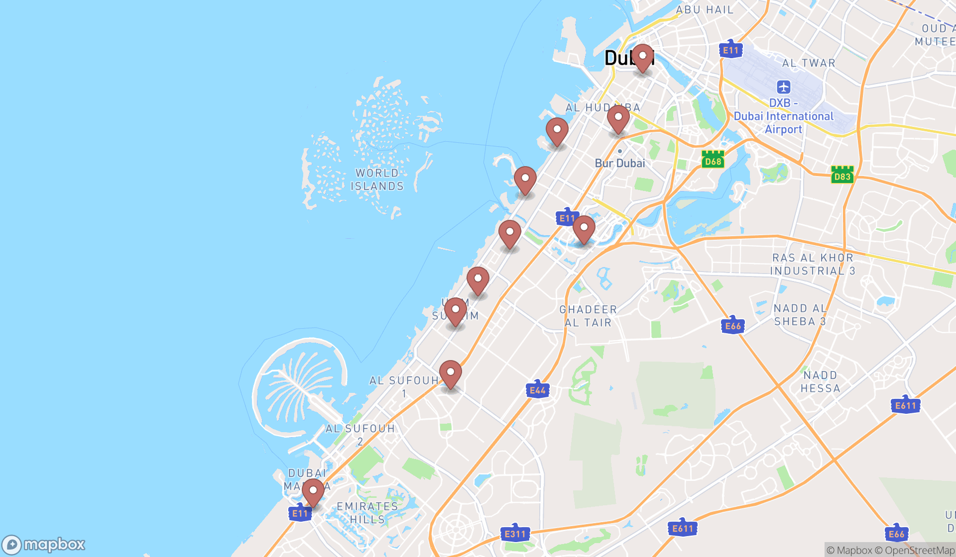 Map showing the ranked skin care clinics in Dubai, Dubai