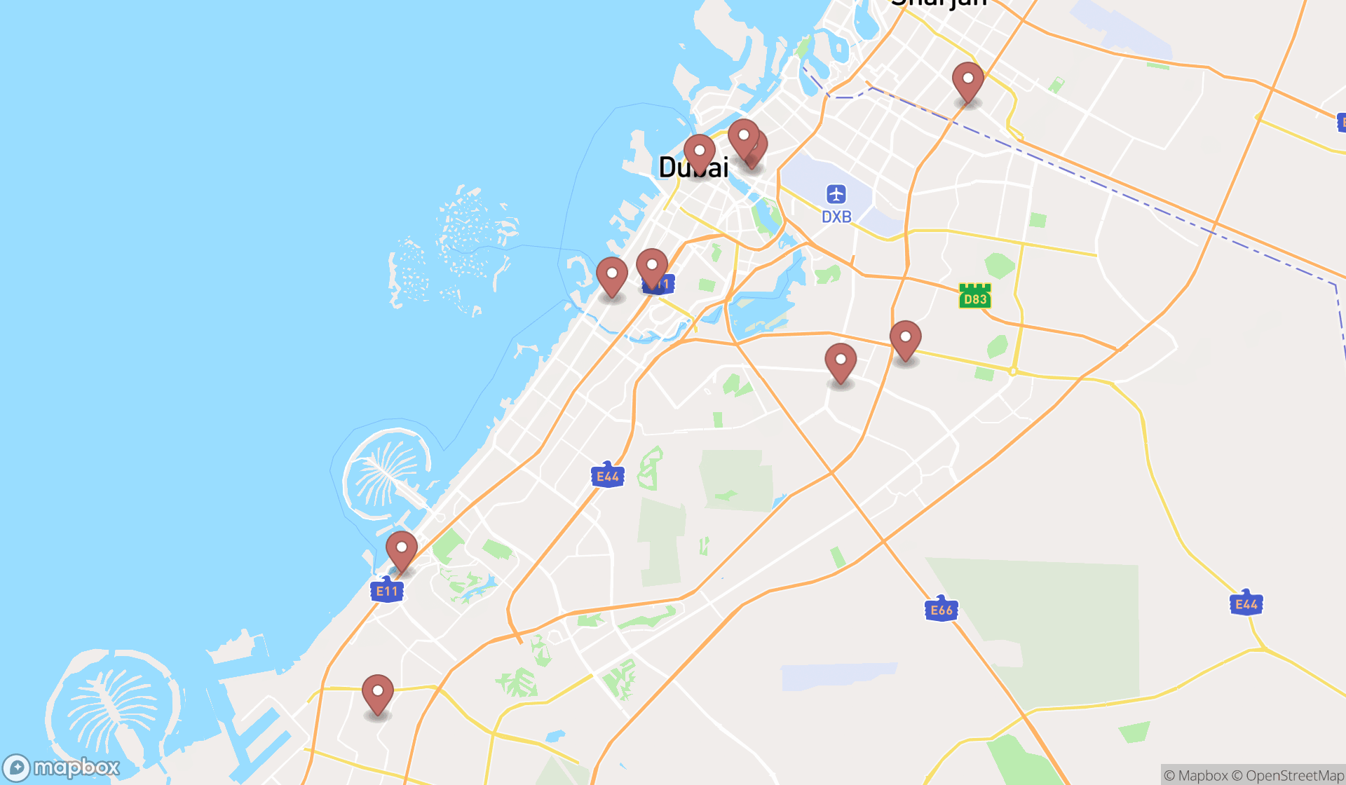 Map showing the ranked snack bars in Dubai, Dubai