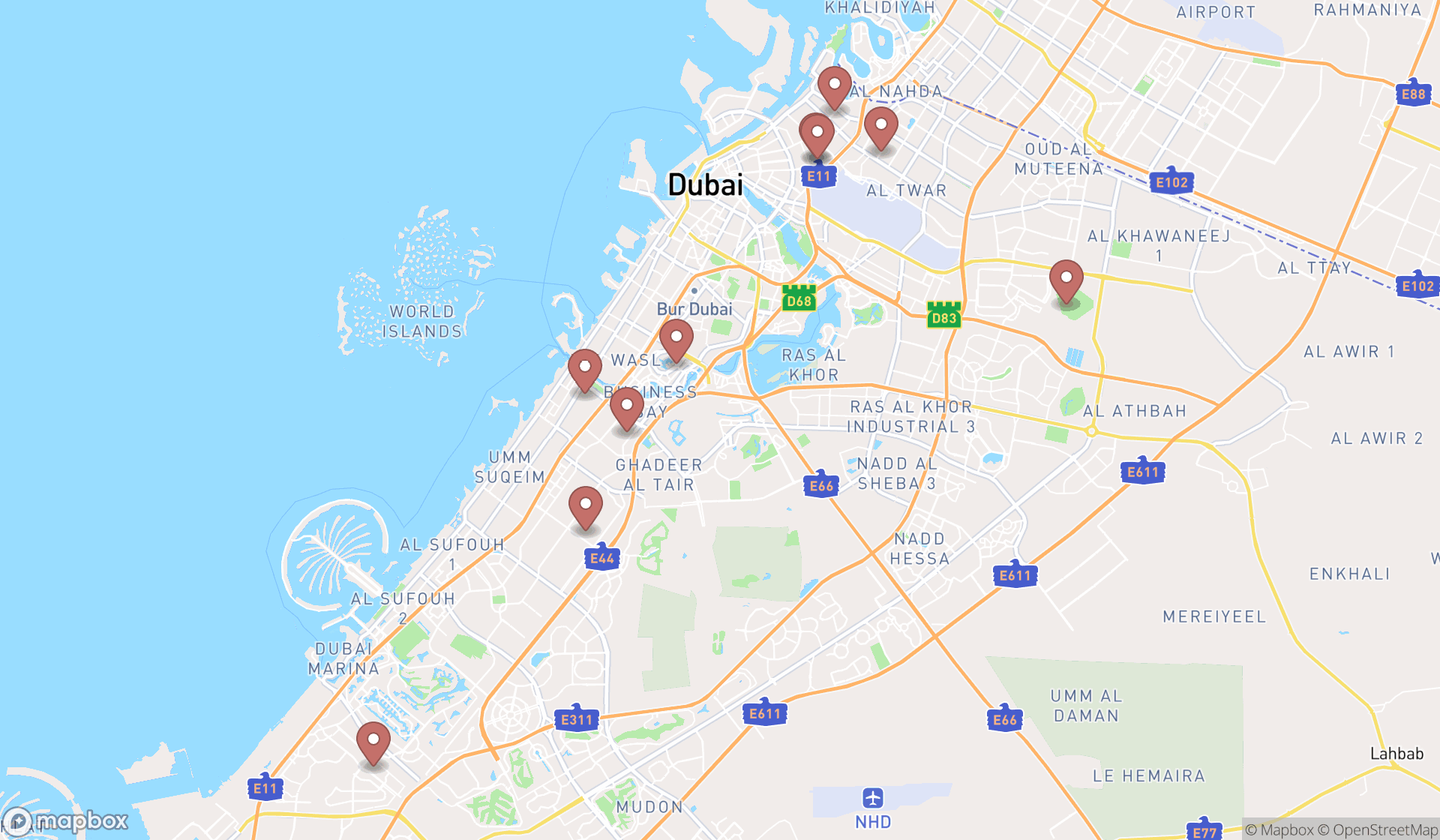 Map showing the ranked soccer fields in Dubai, Dubai