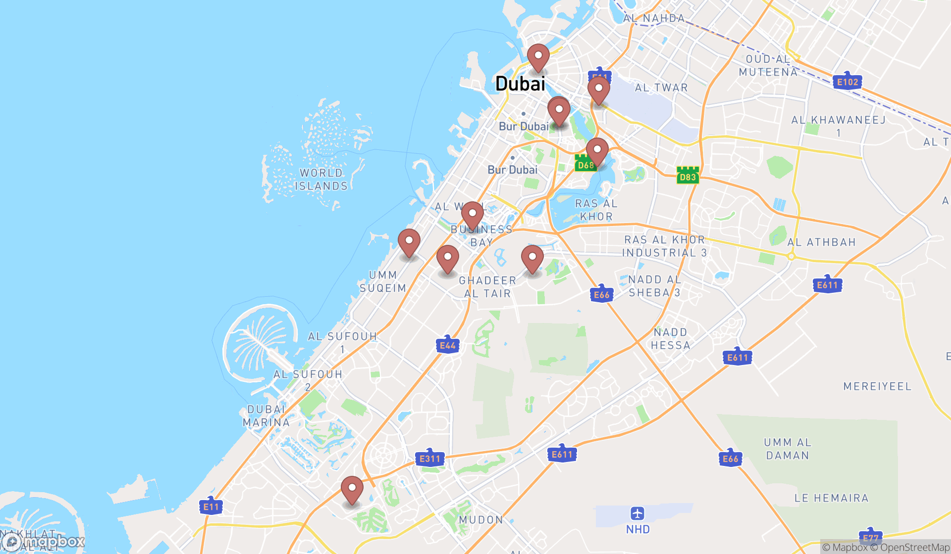 Map showing the ranked social services organizations in Dubai, Dubai
