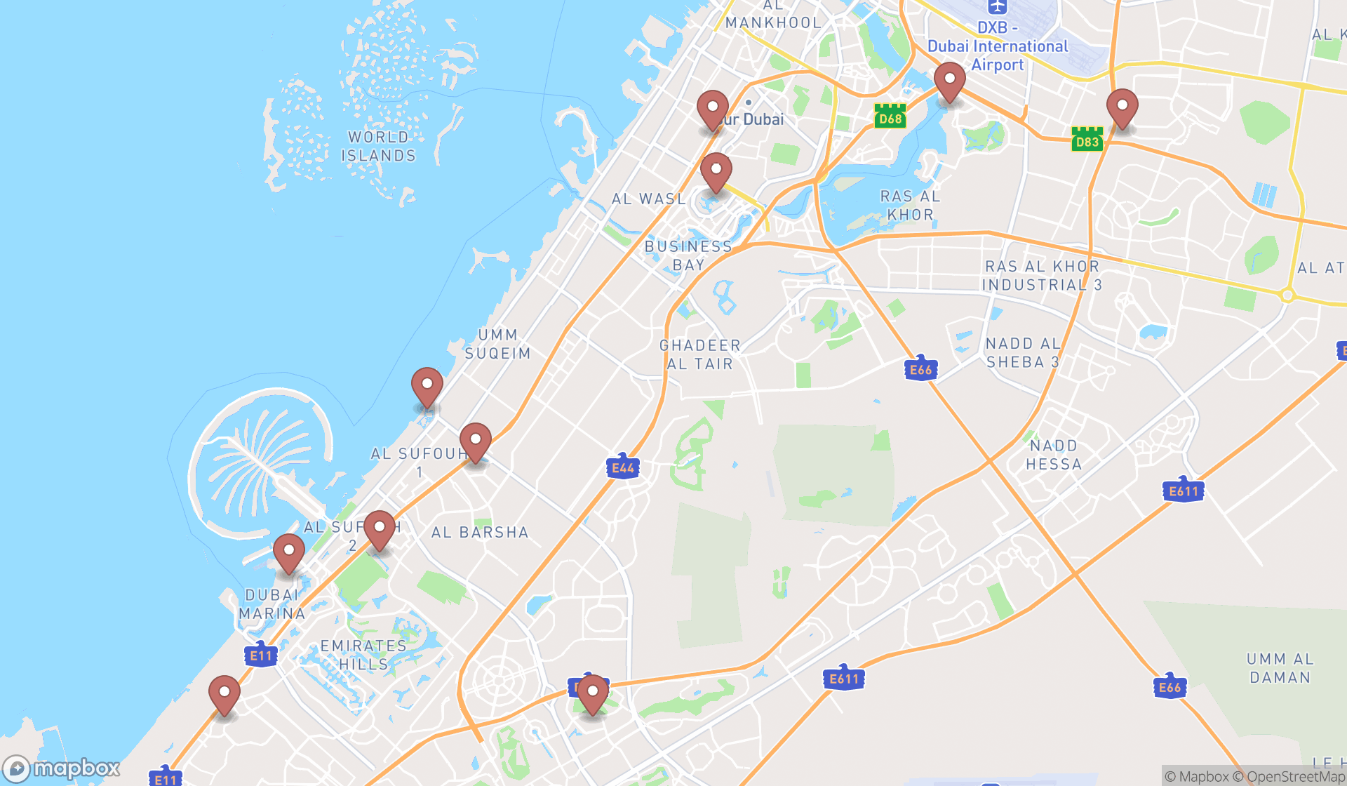 Map showing the ranked south african restaurants in Dubai, Dubai