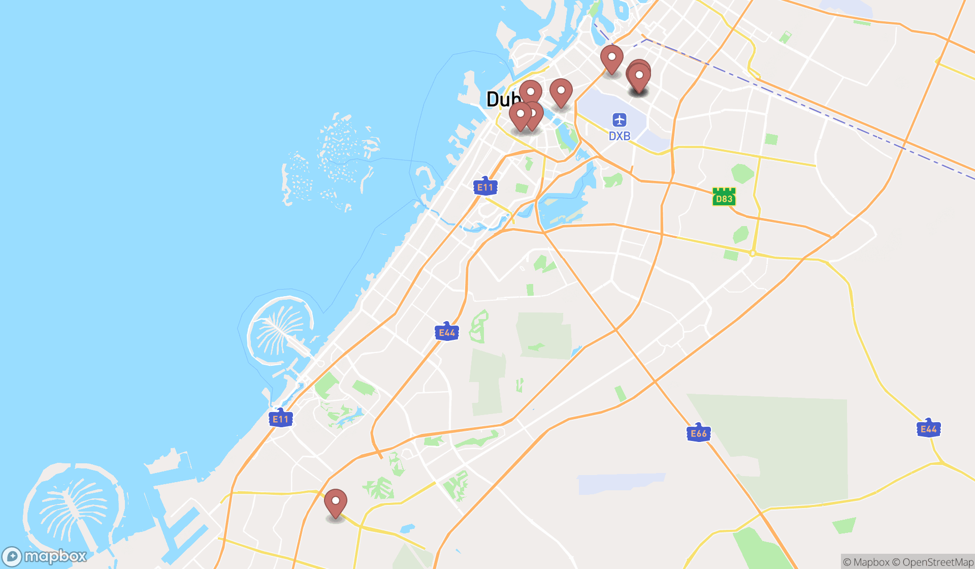 Map showing the ranked south indian restaurants in Dubai, Dubai