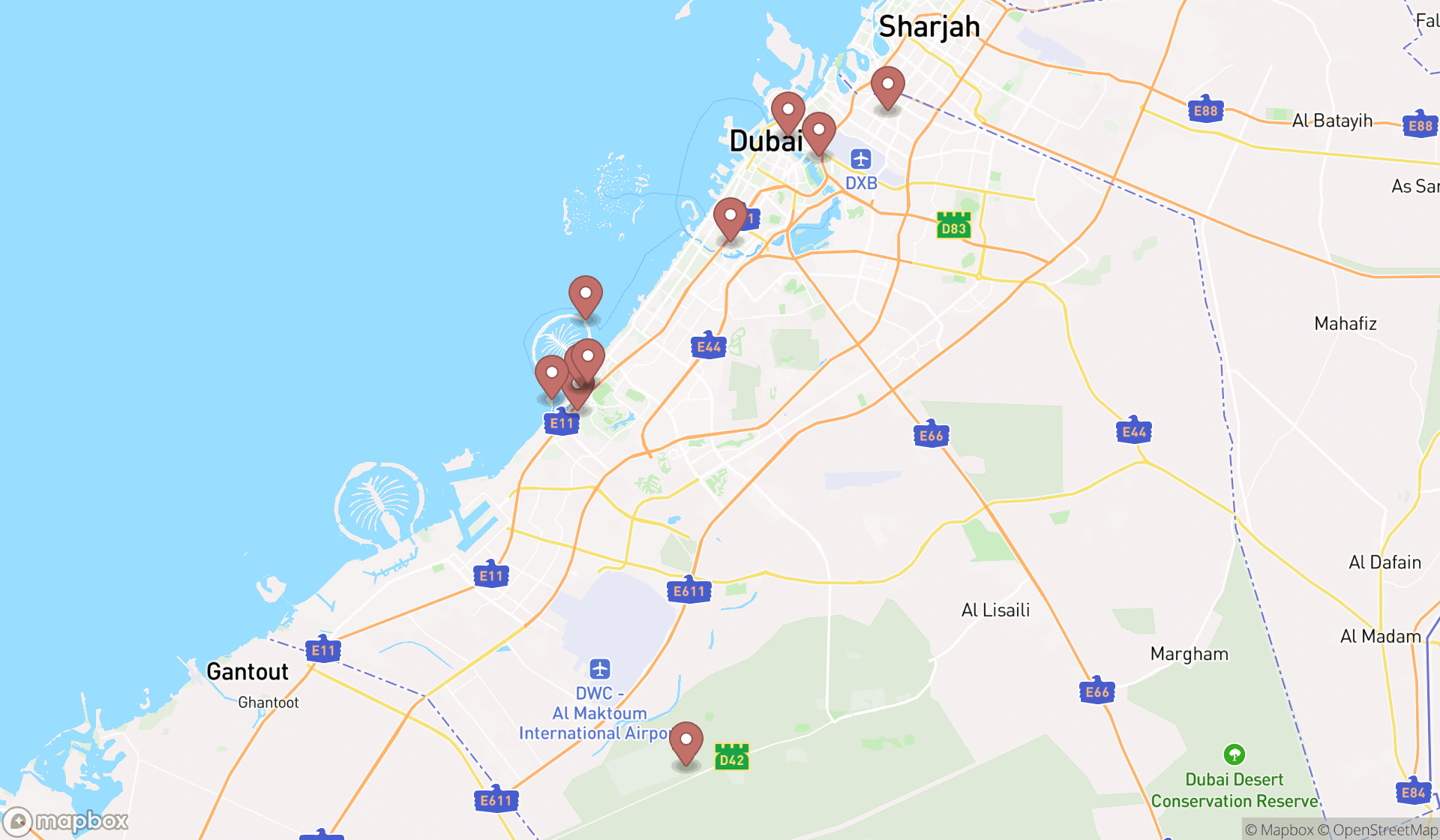 Map showing the ranked southeast asian restaurants in Dubai, Dubai
