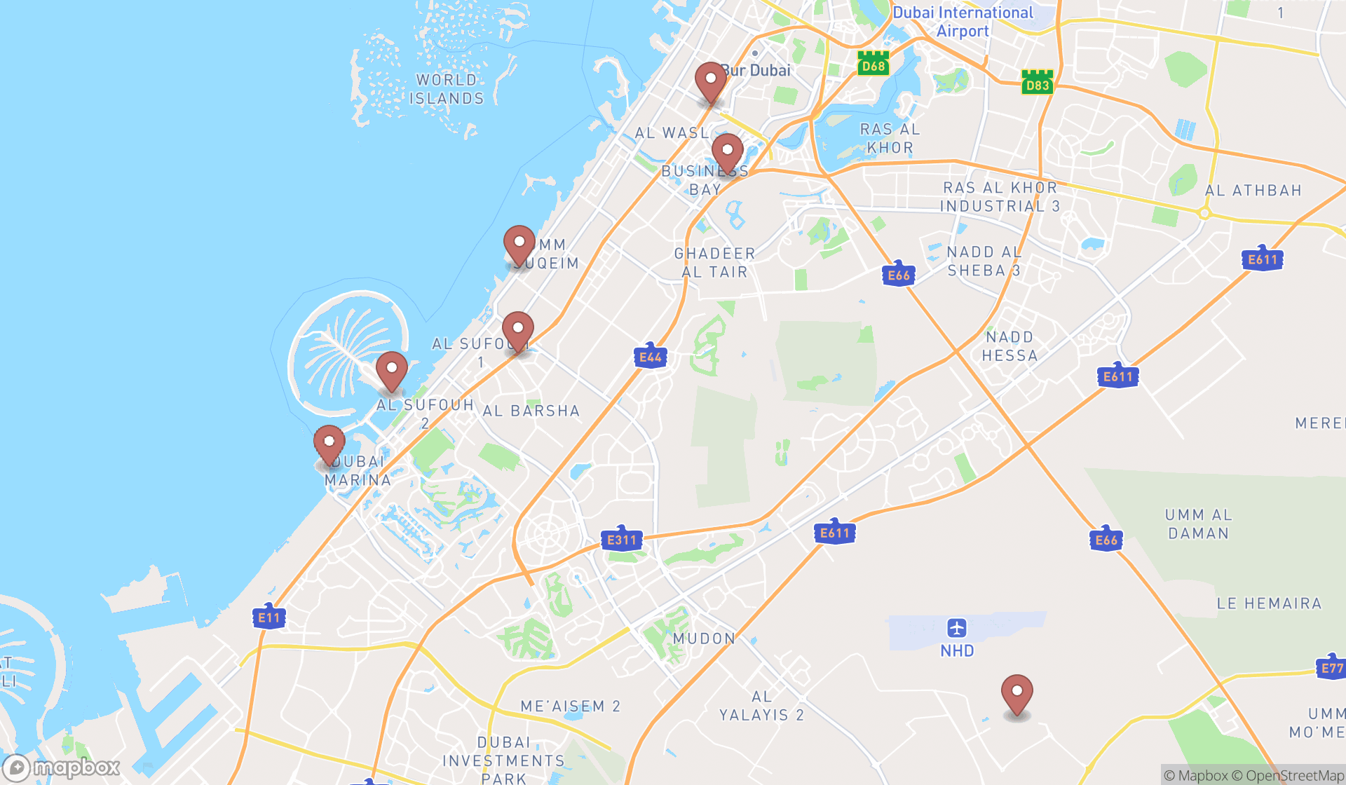 Map showing the ranked southern italian restaurants in Dubai, Dubai