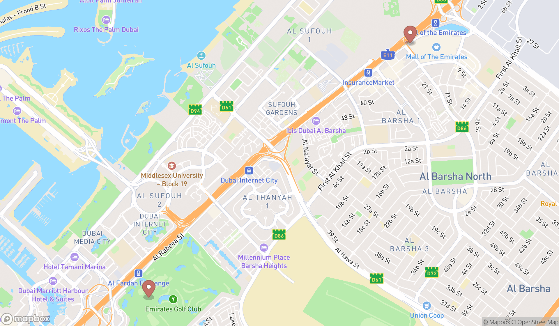Map showing the ranked southwest france restaurants in Dubai, Dubai