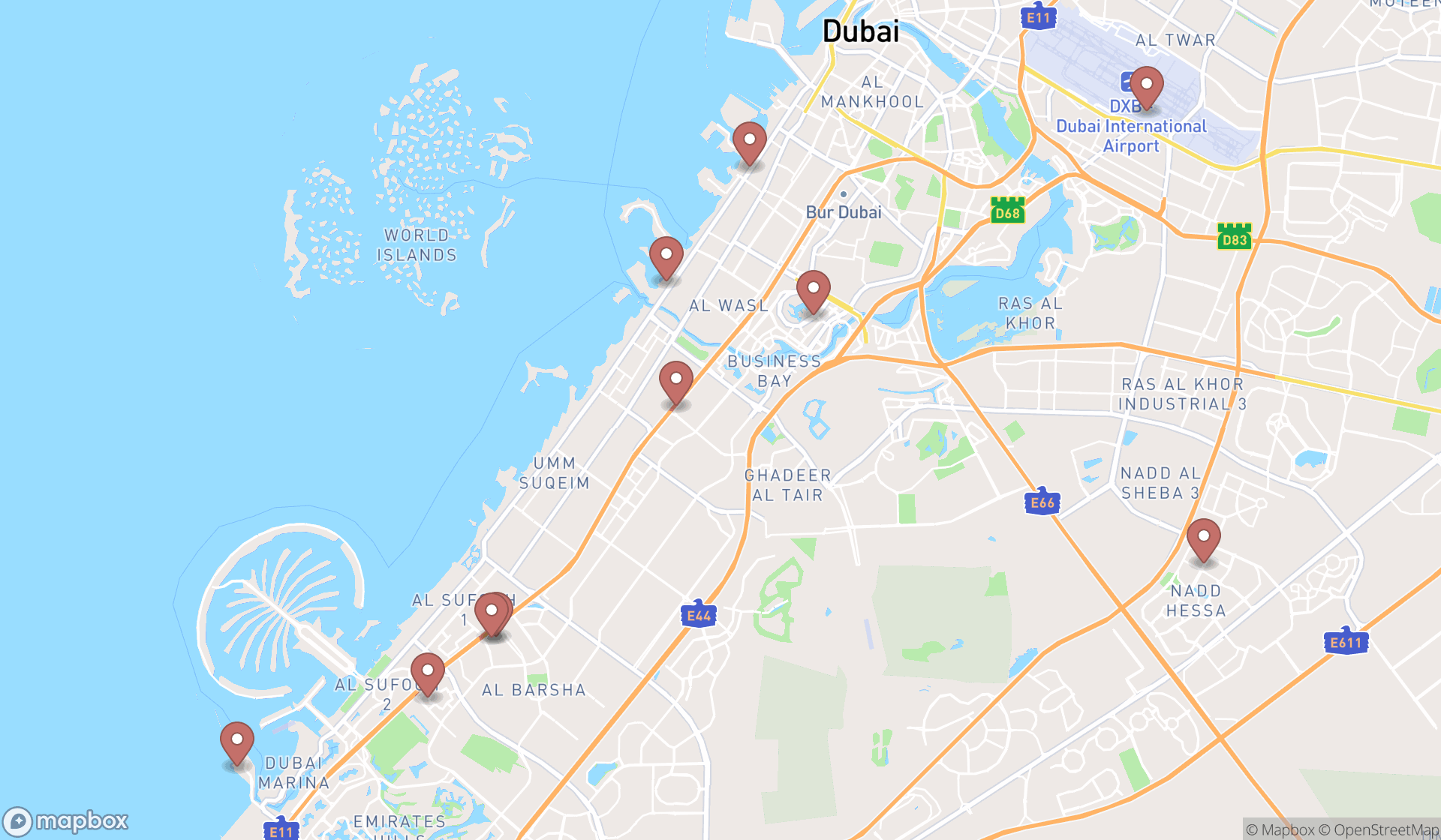 Map showing the ranked spa and health clubs in Dubai, Dubai