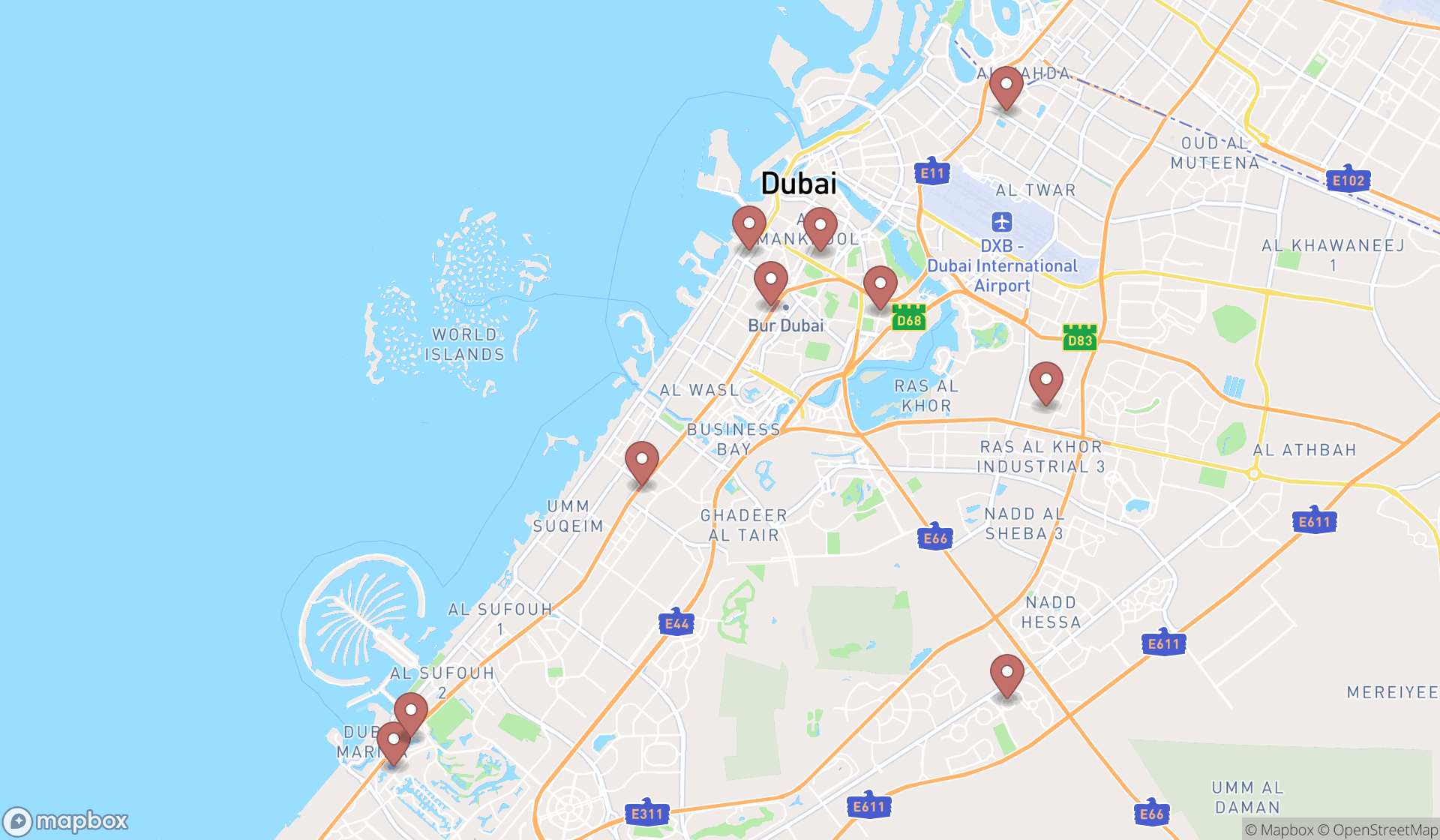 Map showing the ranked specialized clinics in Dubai, Dubai