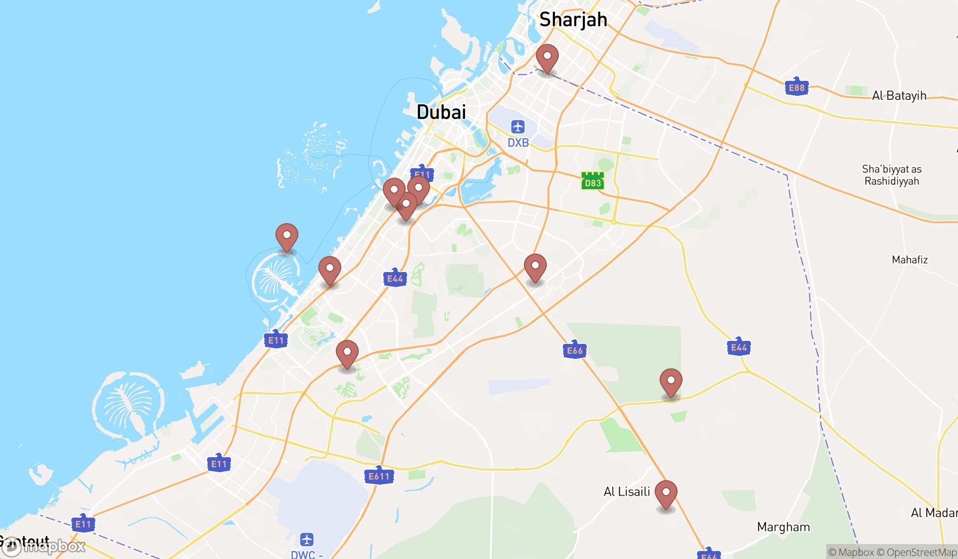 Map showing the ranked sport tour agencies in Dubai, Dubai