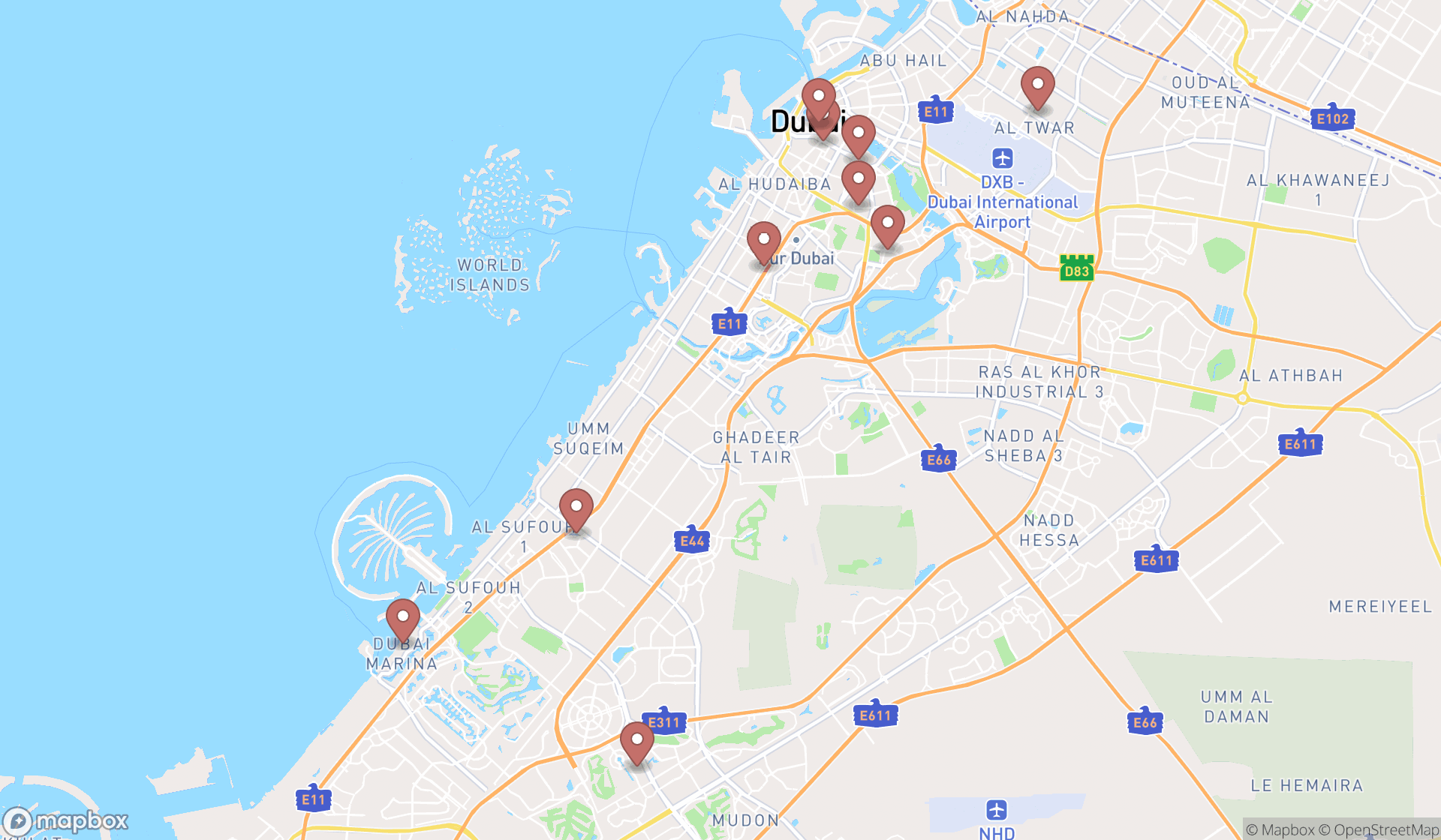 Map showing the ranked sports bars in Dubai, Dubai