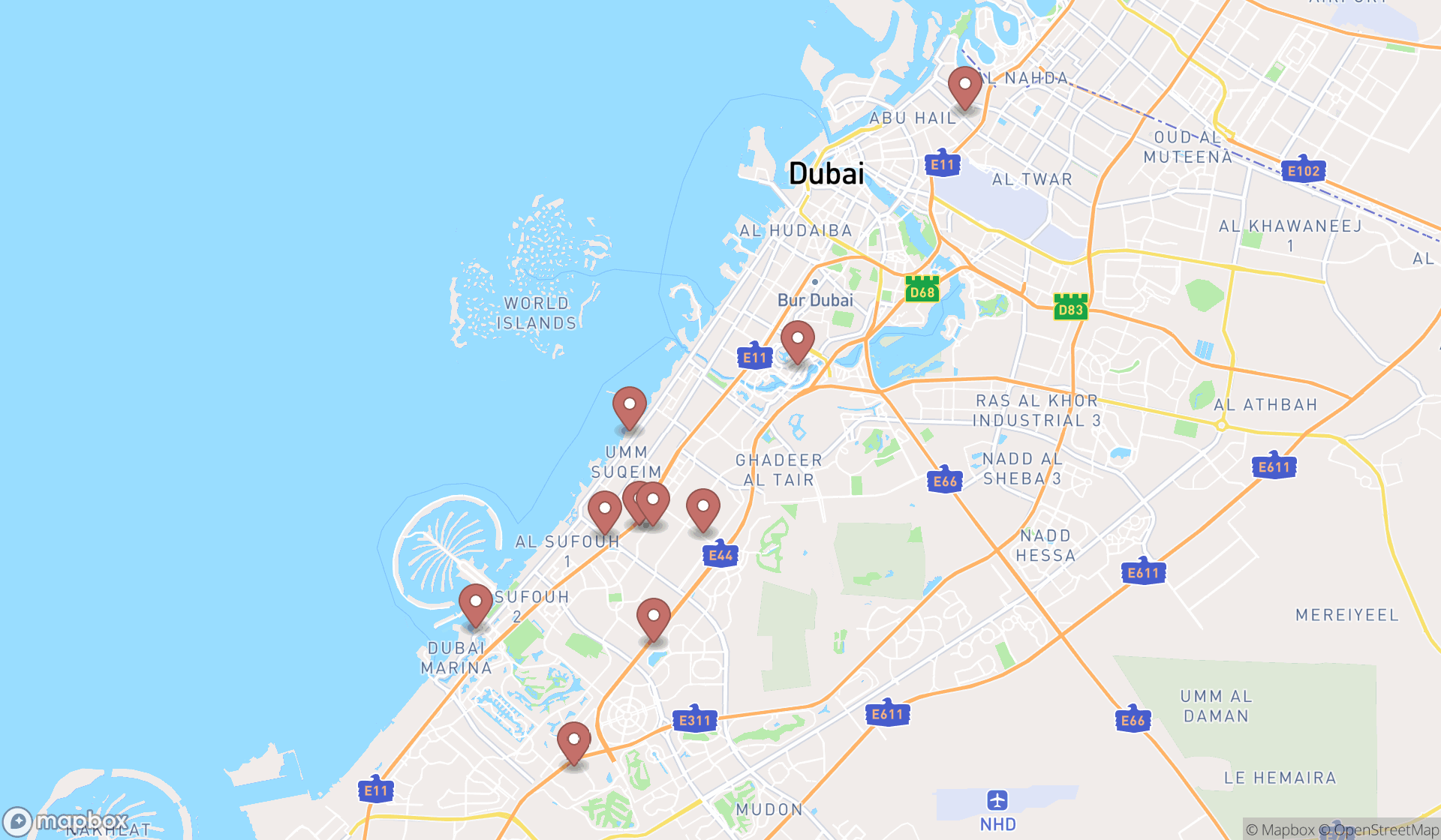 Map showing the ranked sports clubs in Dubai, Dubai