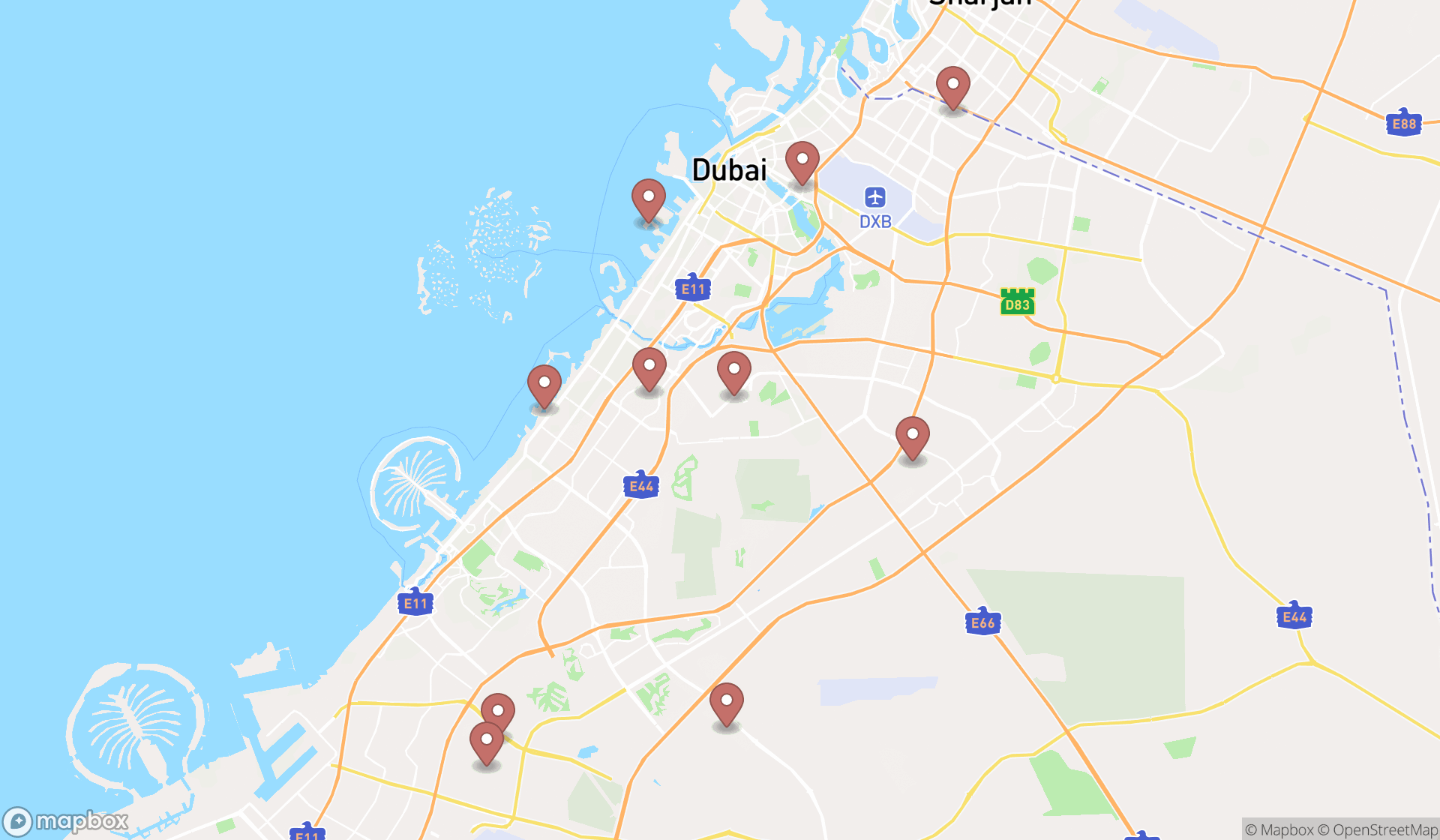 Map showing the ranked sports equipment rental services in Dubai, Dubai