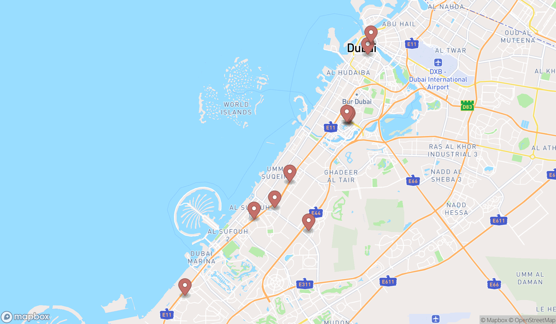 Map showing the ranked sportswear stores in Dubai, Dubai