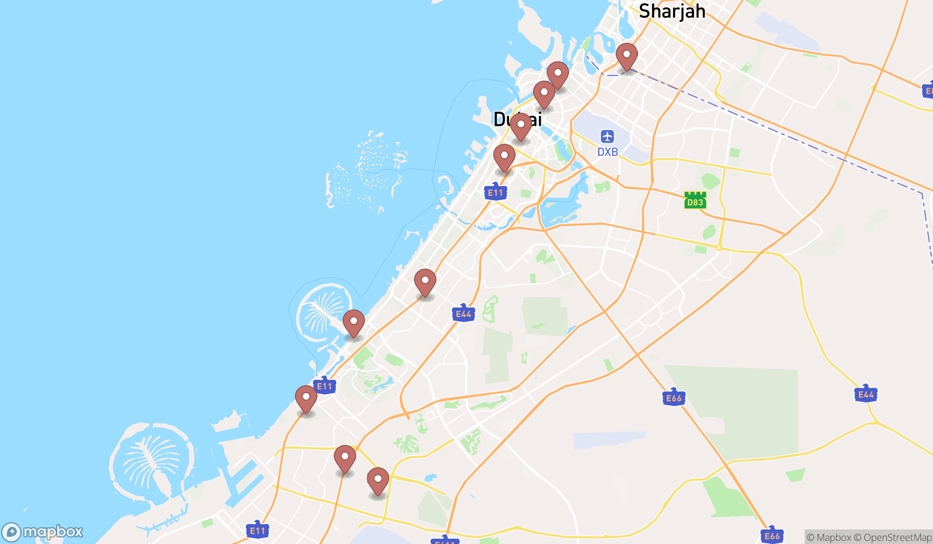 Map showing the ranked sportwear manufacturers in Dubai, Dubai