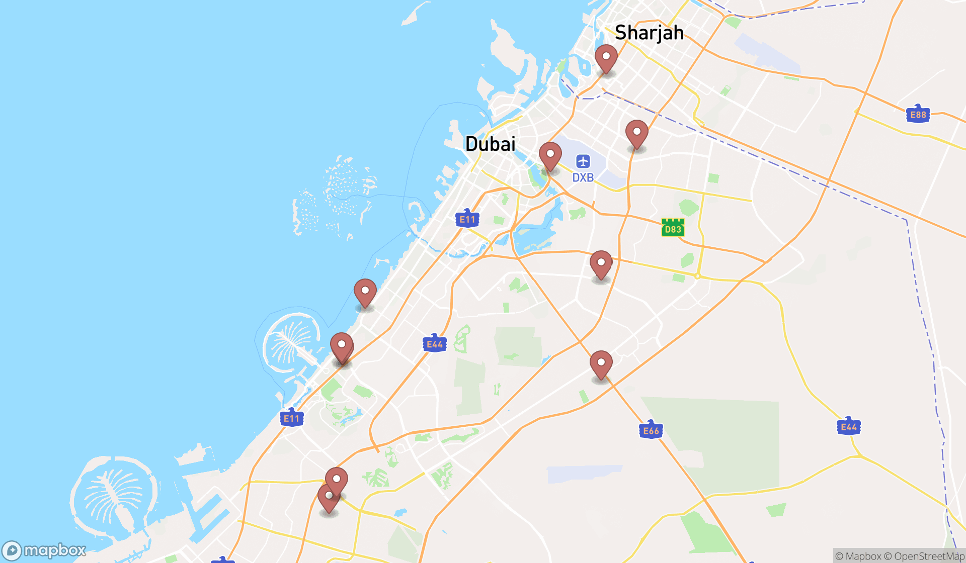 Map showing the ranked squash courts in Dubai, Dubai