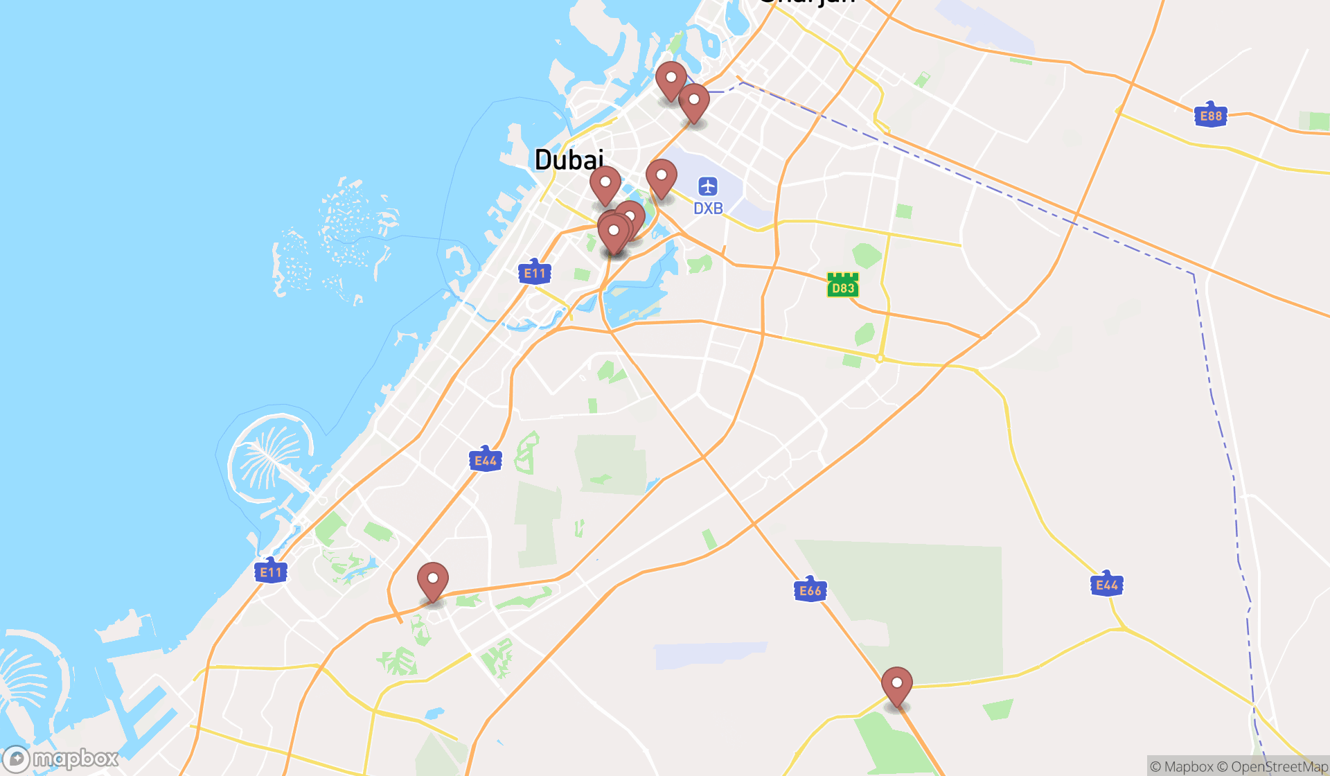 Map showing the ranked stadiums in Dubai, Dubai