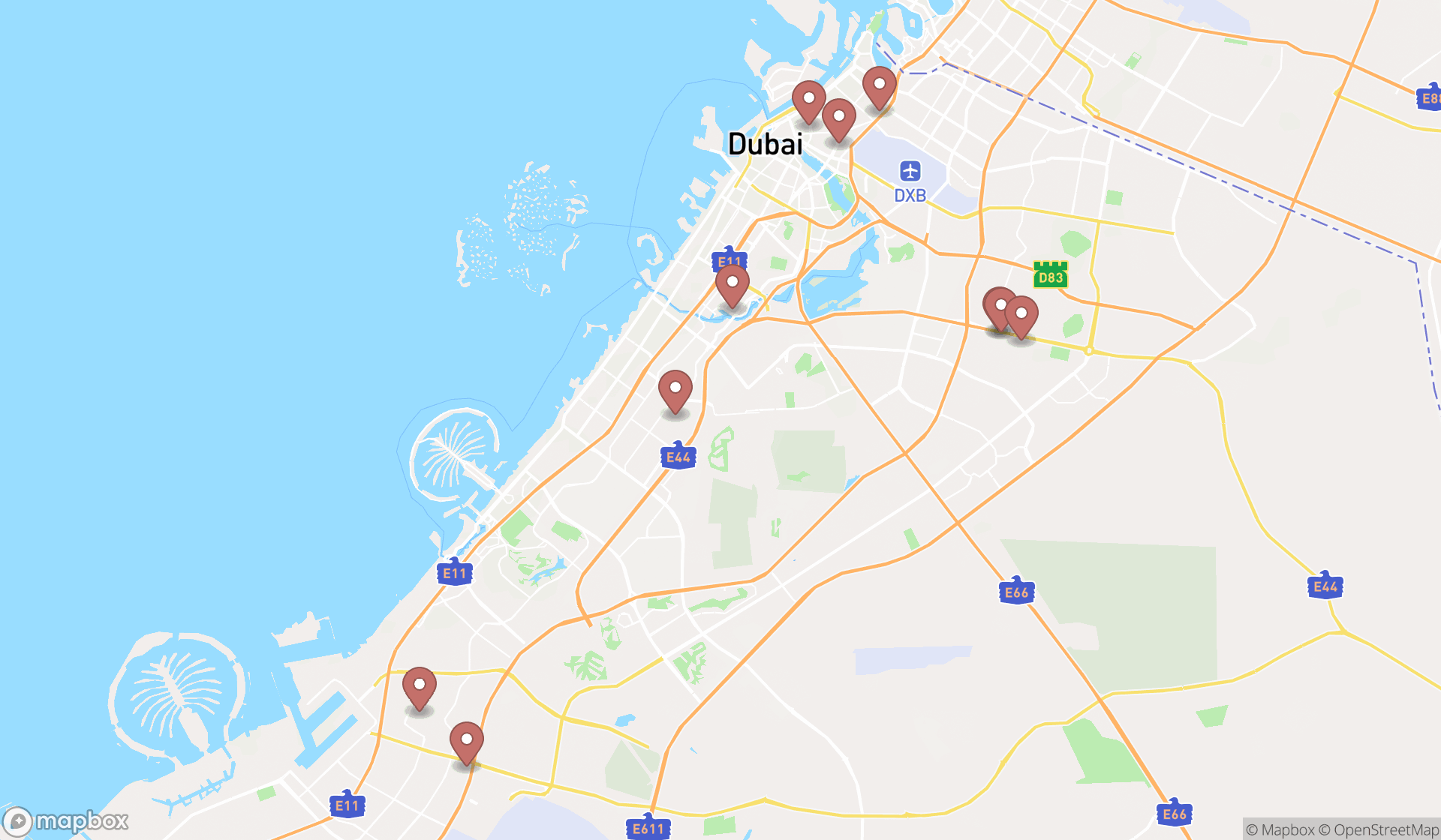 Map showing the ranked stage lighting equipment suppliers in Dubai, Dubai