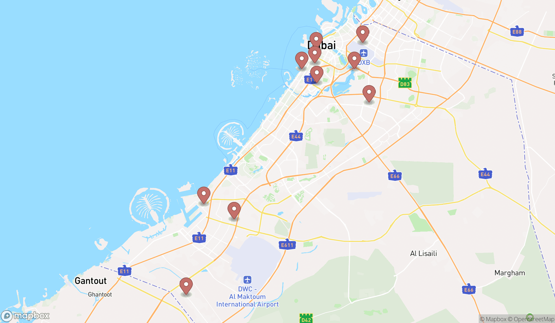 Map showing the ranked state government offices in Dubai, Dubai