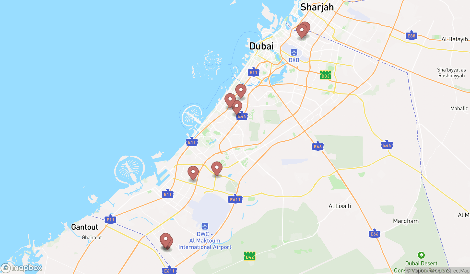 Map showing the ranked steel construction companies in Dubai, Dubai